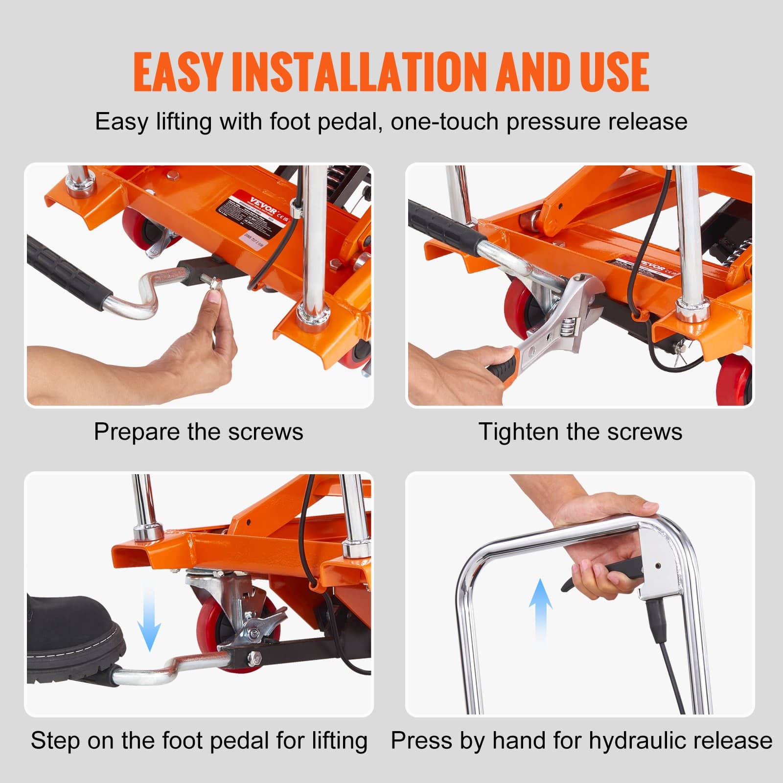 VEVOR Hydraulic Lift Table Cart, 227kg Capacity, 72cm Lift Height, Manual Scissor Lift Trolley with Wheels, Orange - Image 6