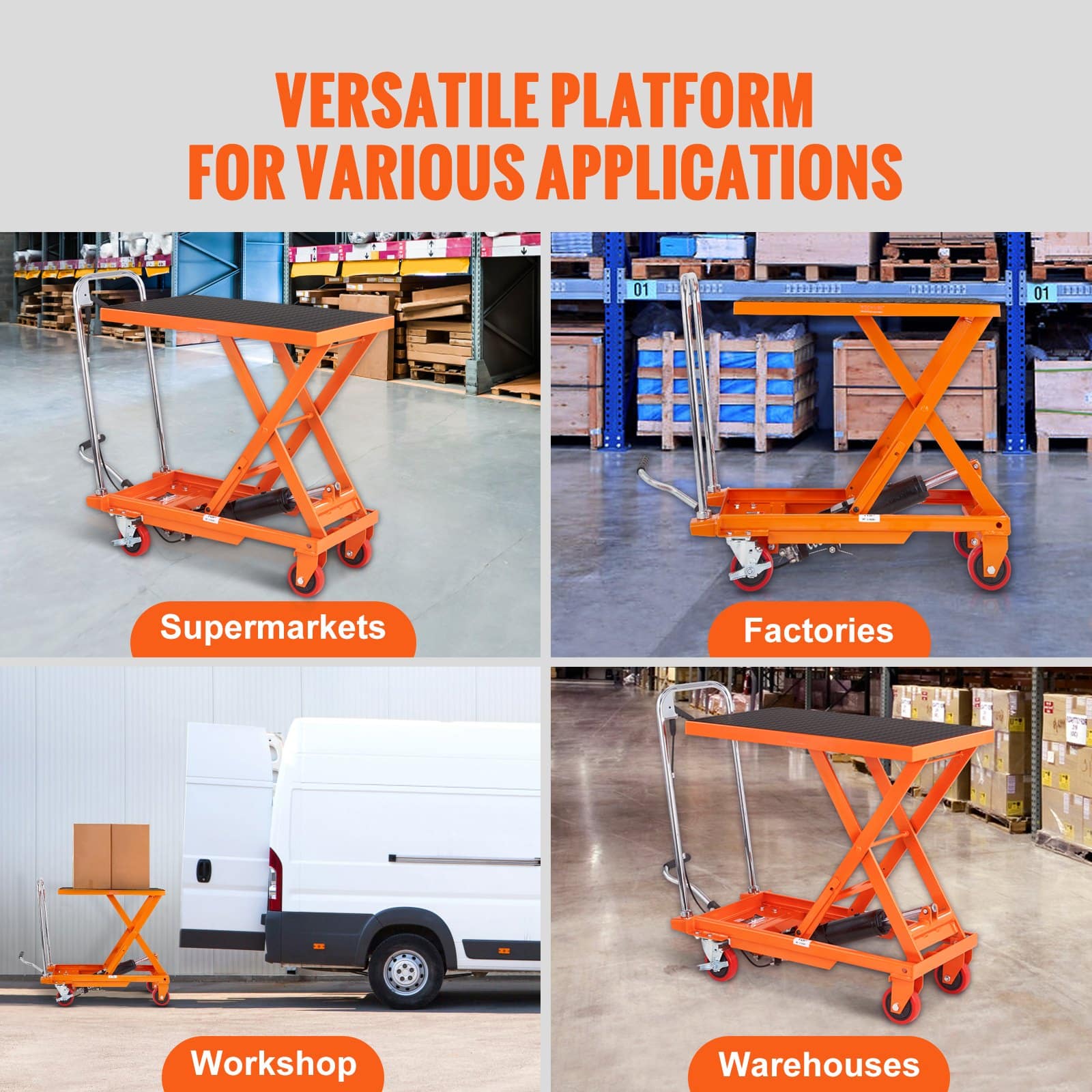 VEVOR Hydraulic Lift Table Cart, 227kg Capacity, 72cm Lift Height, Manual Scissor Lift Trolley with Wheels, Orange - Image 7