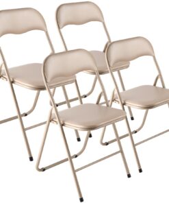 VEVOR Set of 4 Folding Chairs, Khaki Leather with Metal Frame, Padded & Stackable, 158 kg Load, for Home & Events
