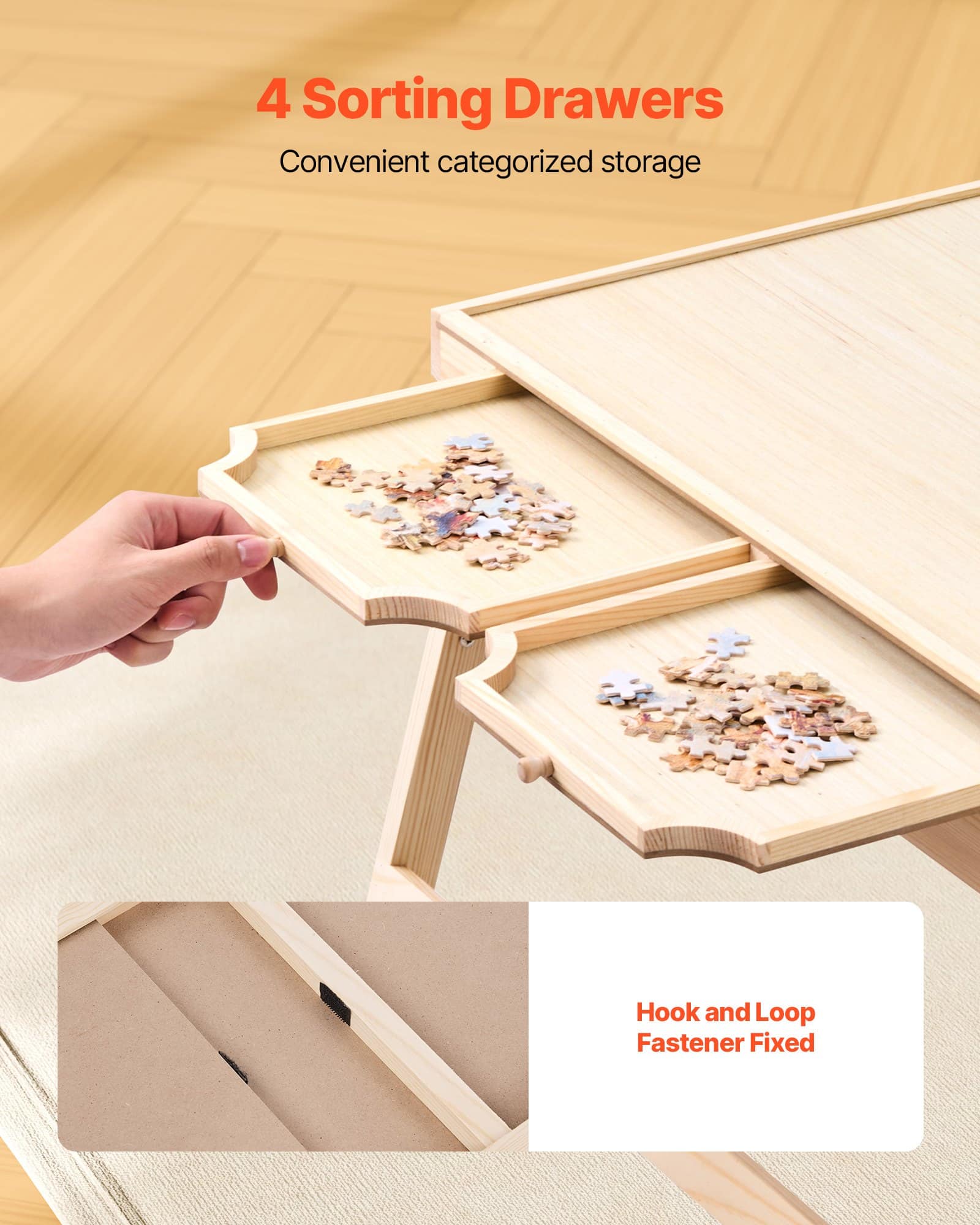 VEVOR Wooden Puzzle Table for 1500 Pieces, 86x63cm, Folding Legs, 4 Drawers, Cover, Storage Organizer for Adults — изображение 6