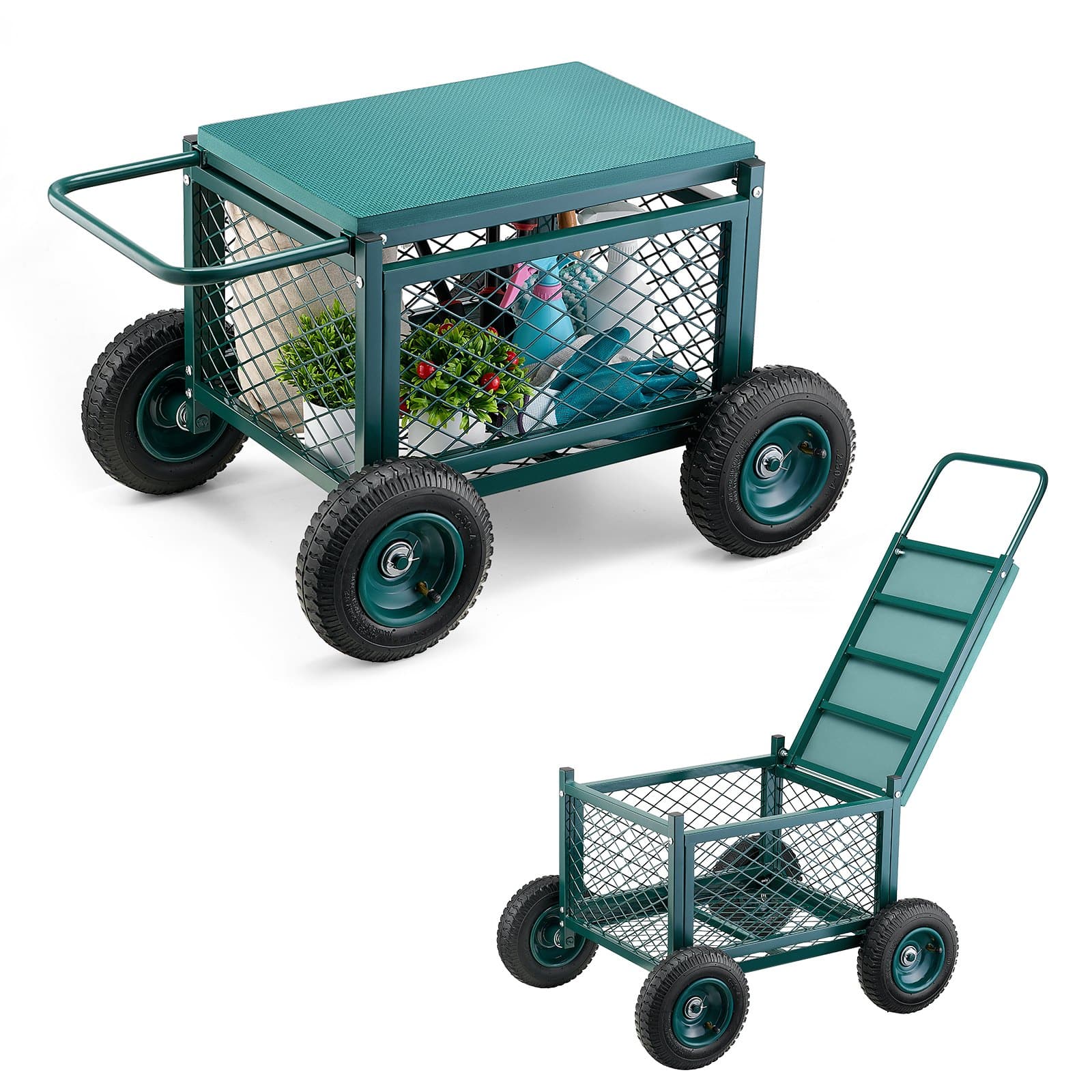 VEVOR Heavy-Duty Metal Rolling Garden Cart with Seat & Storage, 181kg Capacity, 760x520x440mm, All-Terrain Wheels