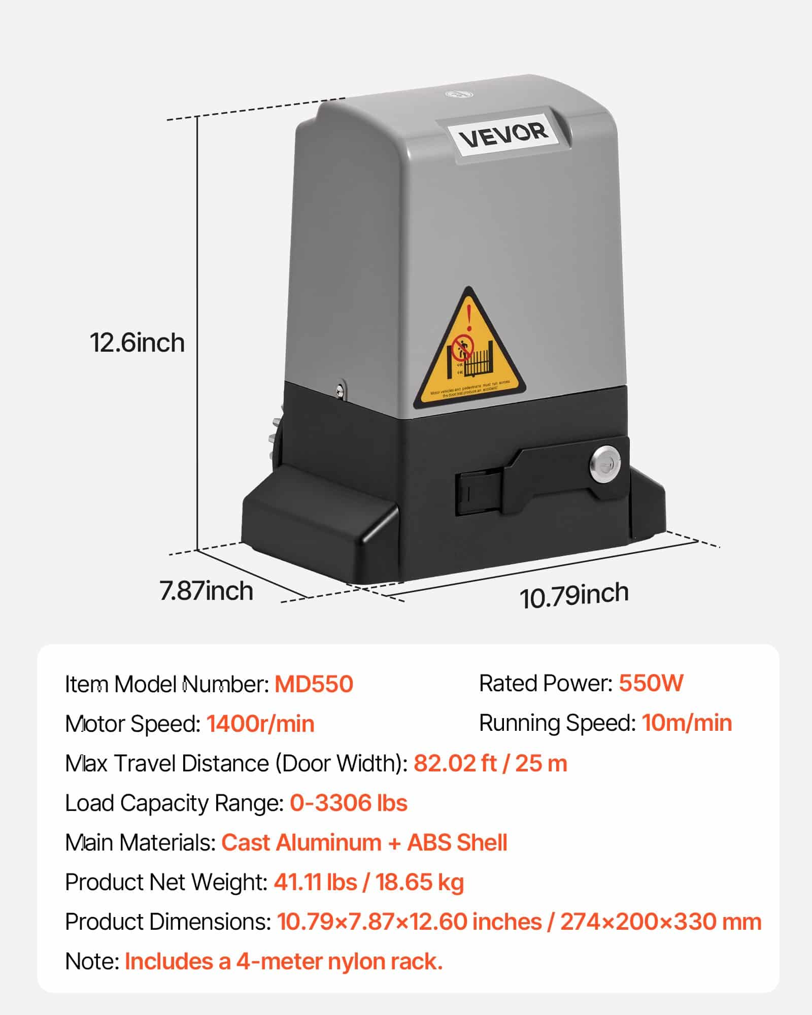 VEVOR 550W Electric Sliding Gate Opener for 25m/1500kg Gates with Infrared Sensor, 2 Remotes & Nylon Gear Rack - Image 7