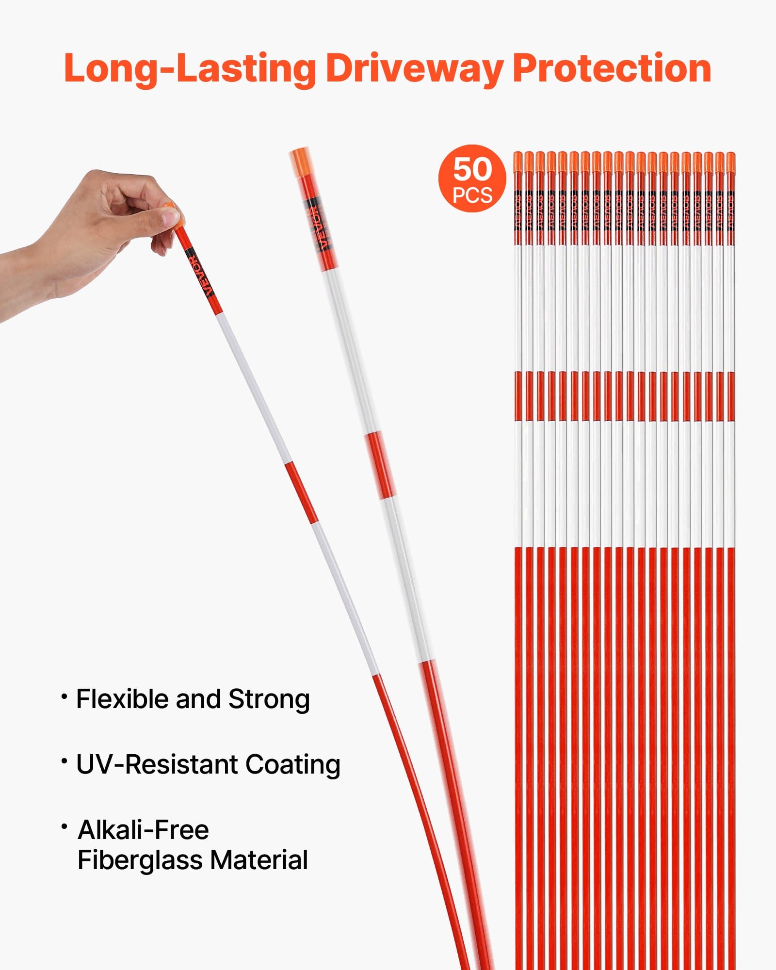 VEVOR 50PCS 152cm Fiberglass Reflective Driveway Markers with Steel Drill Bits – High-Visibility Snow Stakes for Parking & Walkways - Зображення 2