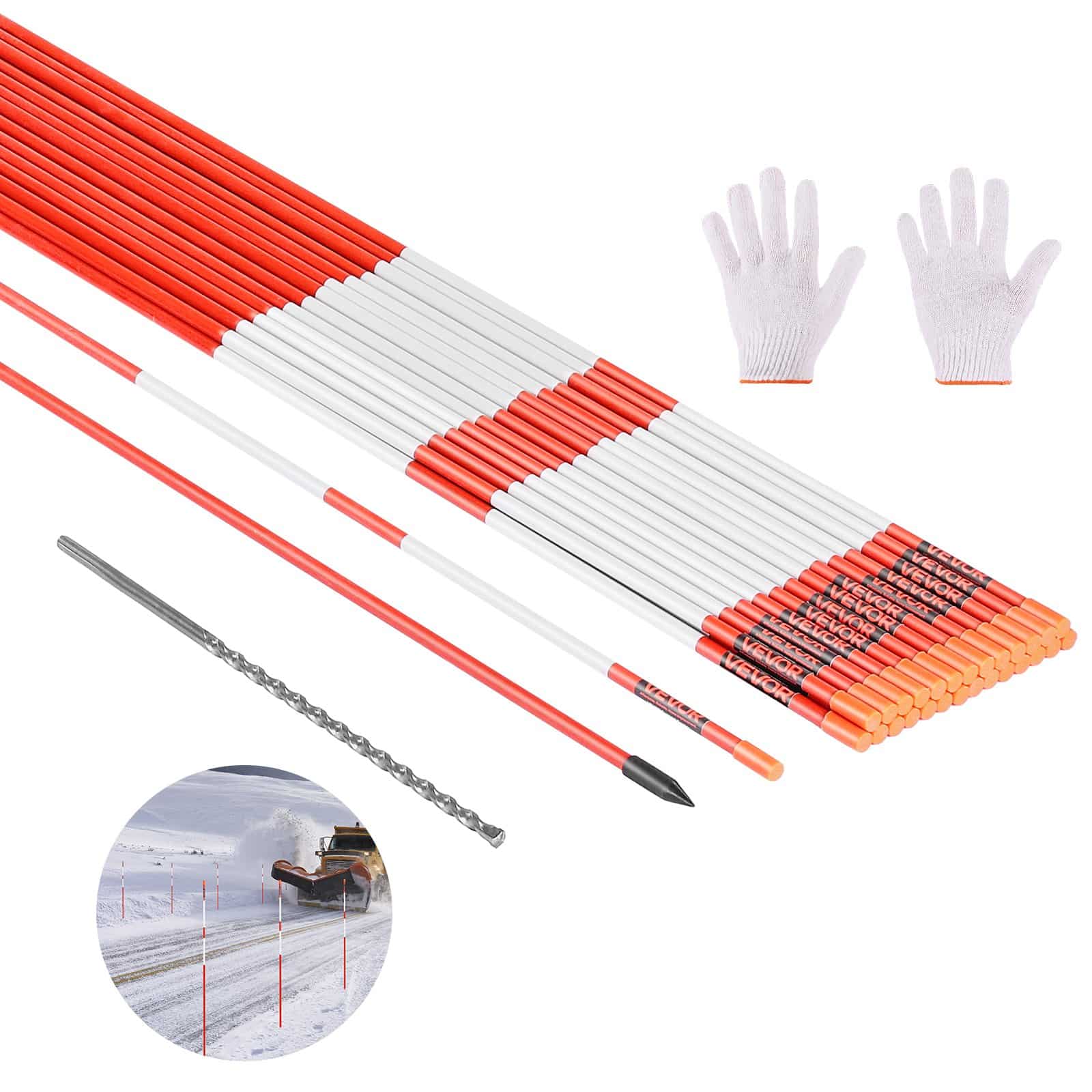VEVOR 50PCS 152cm Fiberglass Reflective Driveway Markers with Steel Drill Bits – High-Visibility Snow Stakes for Parking & Walkways