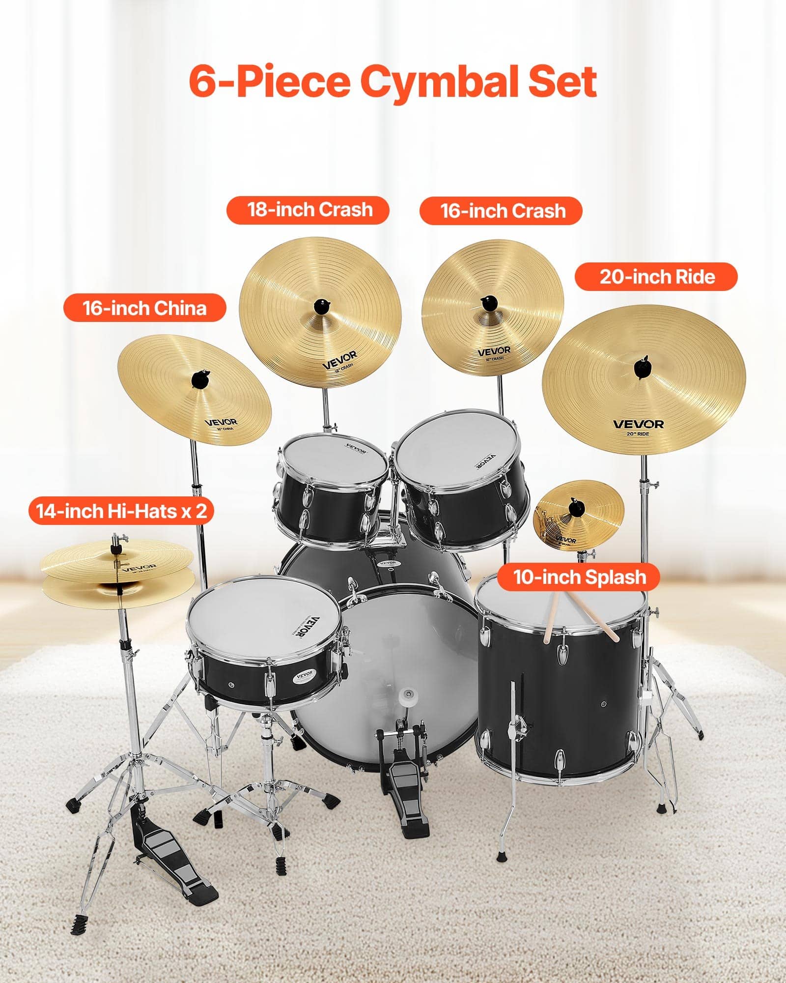 VEVOR 6-Piece Drum Cymbal Set with 254–505 mm Hi-Hats, Crash, Ride, Splash & China – Low Noise, Durable, with Storage Bag - Зображення 2