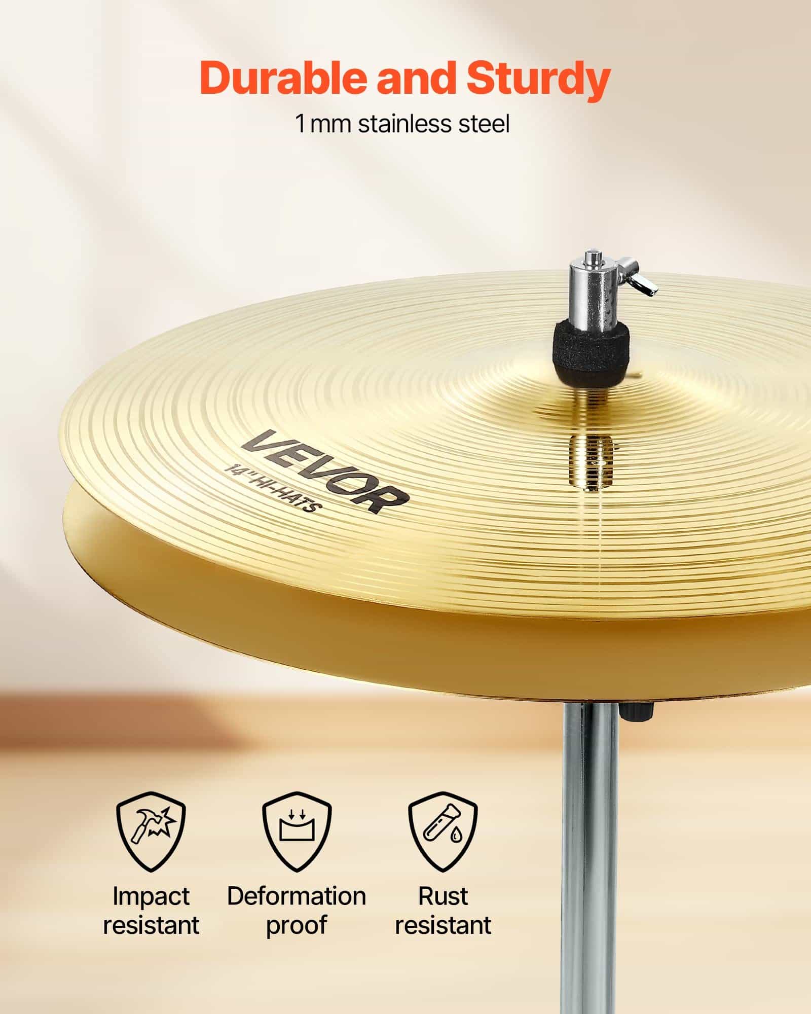 VEVOR 6-Piece Drum Cymbal Set with 254–505 mm Hi-Hats, Crash, Ride, Splash & China – Low Noise, Durable, with Storage Bag - Зображення 5