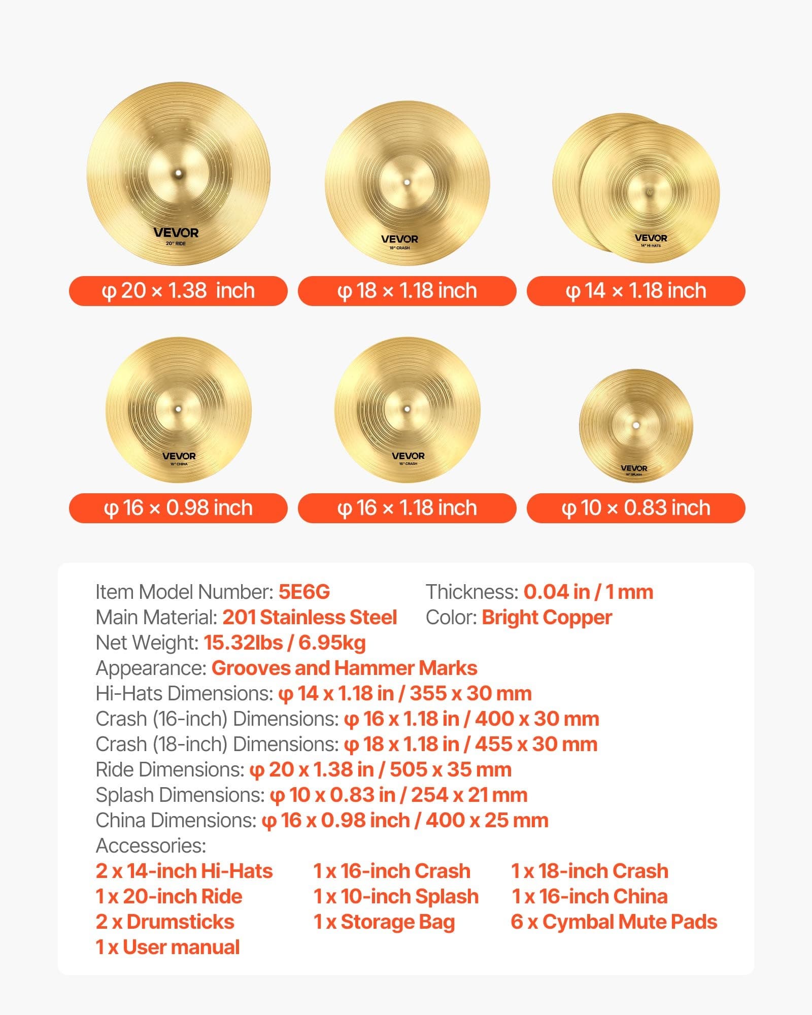 VEVOR 6-Piece Drum Cymbal Set with 254–505 mm Hi-Hats, Crash, Ride, Splash & China – Low Noise, Durable, with Storage Bag - Зображення 7