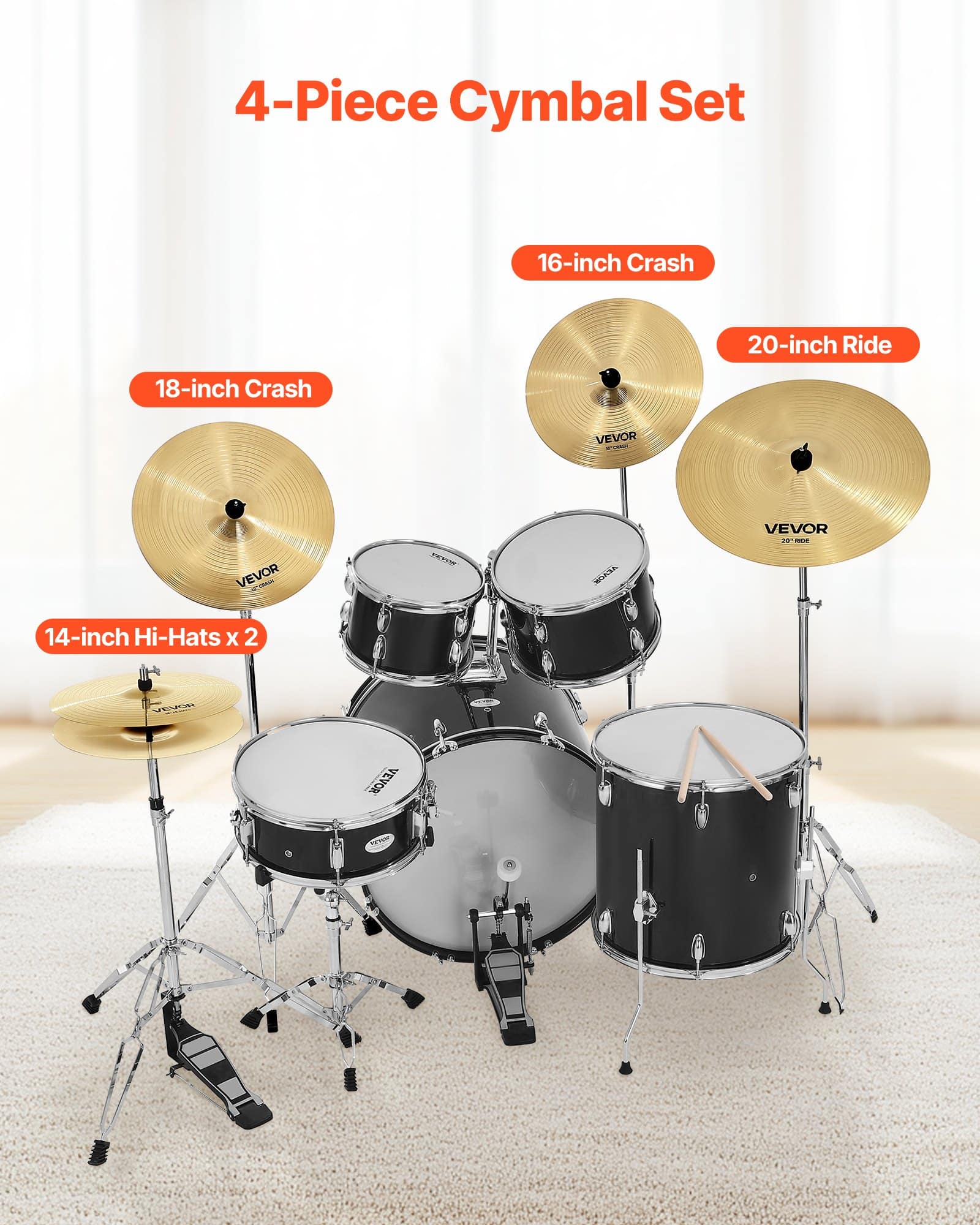 VEVOR 4-Piece Drum Cymbal Set 355–505 mm with Hi-Hats, Crash, Ride – Low Noise, Durable Alloy, Includes Storage Bag - Зображення 2