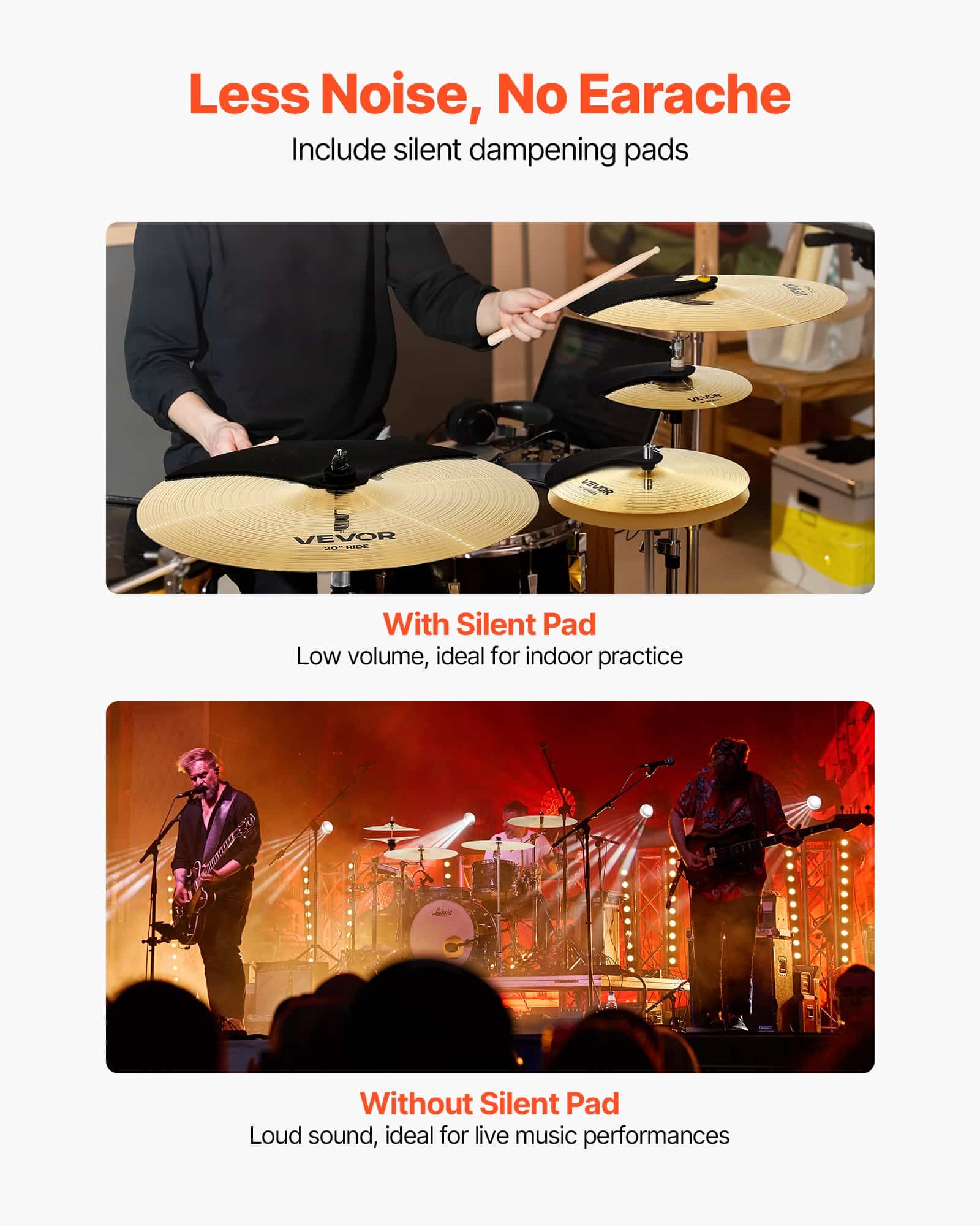 VEVOR 4-Piece Drum Cymbal Set 355–505 mm with Hi-Hats, Crash, Ride – Low Noise, Durable Alloy, Includes Storage Bag - Зображення 4