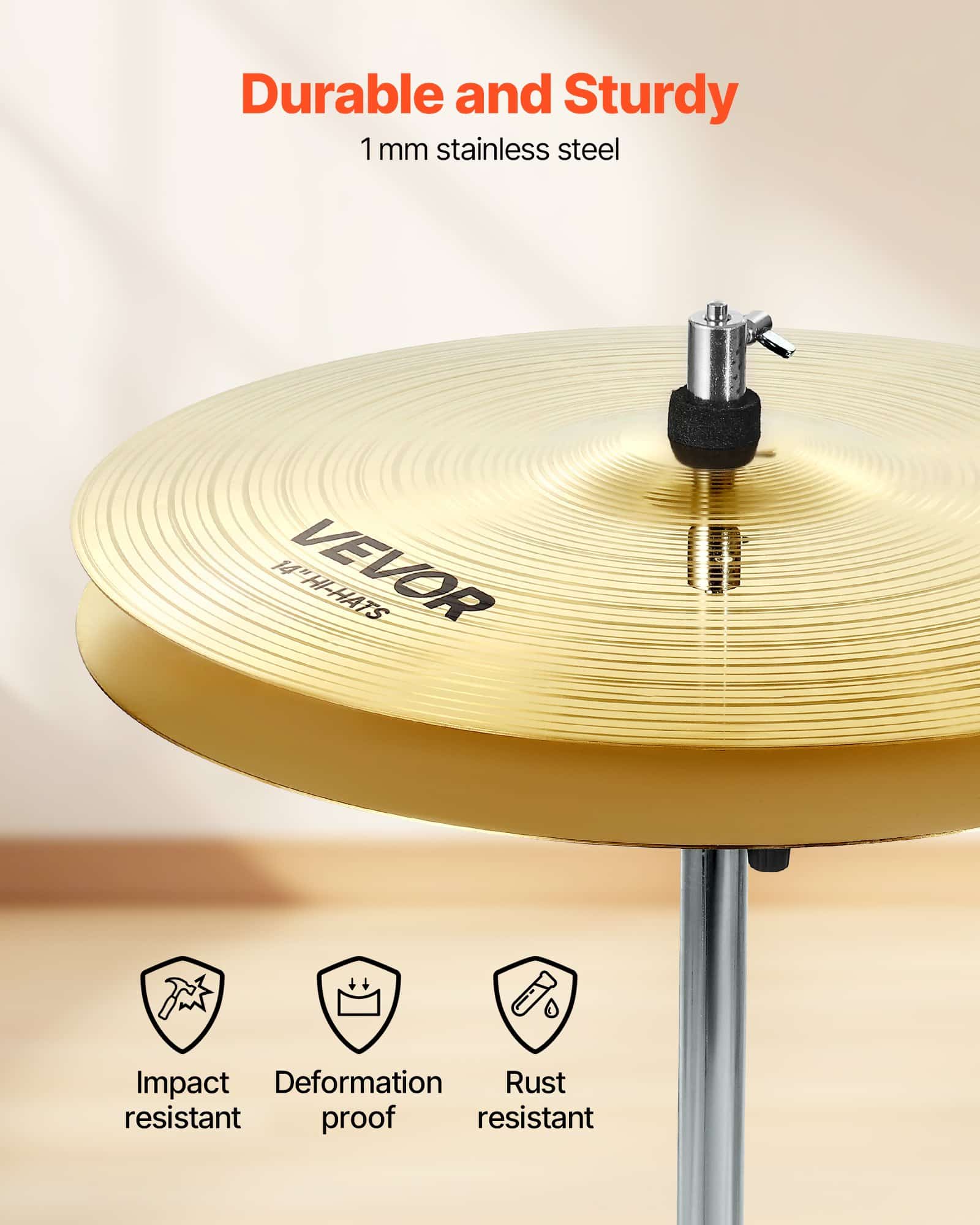 VEVOR 4-Piece Drum Cymbal Set 355–505 mm with Hi-Hats, Crash, Ride – Low Noise, Durable Alloy, Includes Storage Bag - Зображення 5