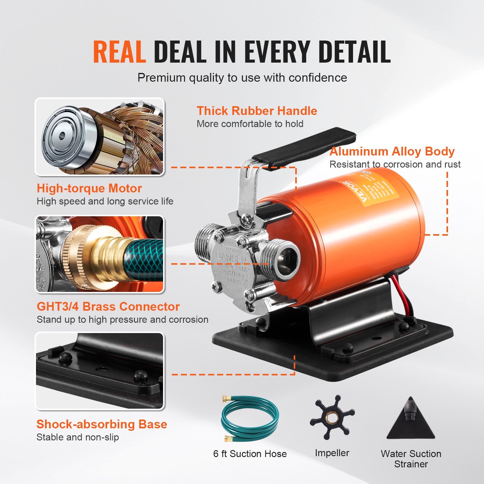 VEVOR 12V DC Water Transfer Pump, 23 L/min, 75W, Portable Utility Pump with 1.83m Hose, for Garden, Pool, Aquarium Draining - Зображення 4