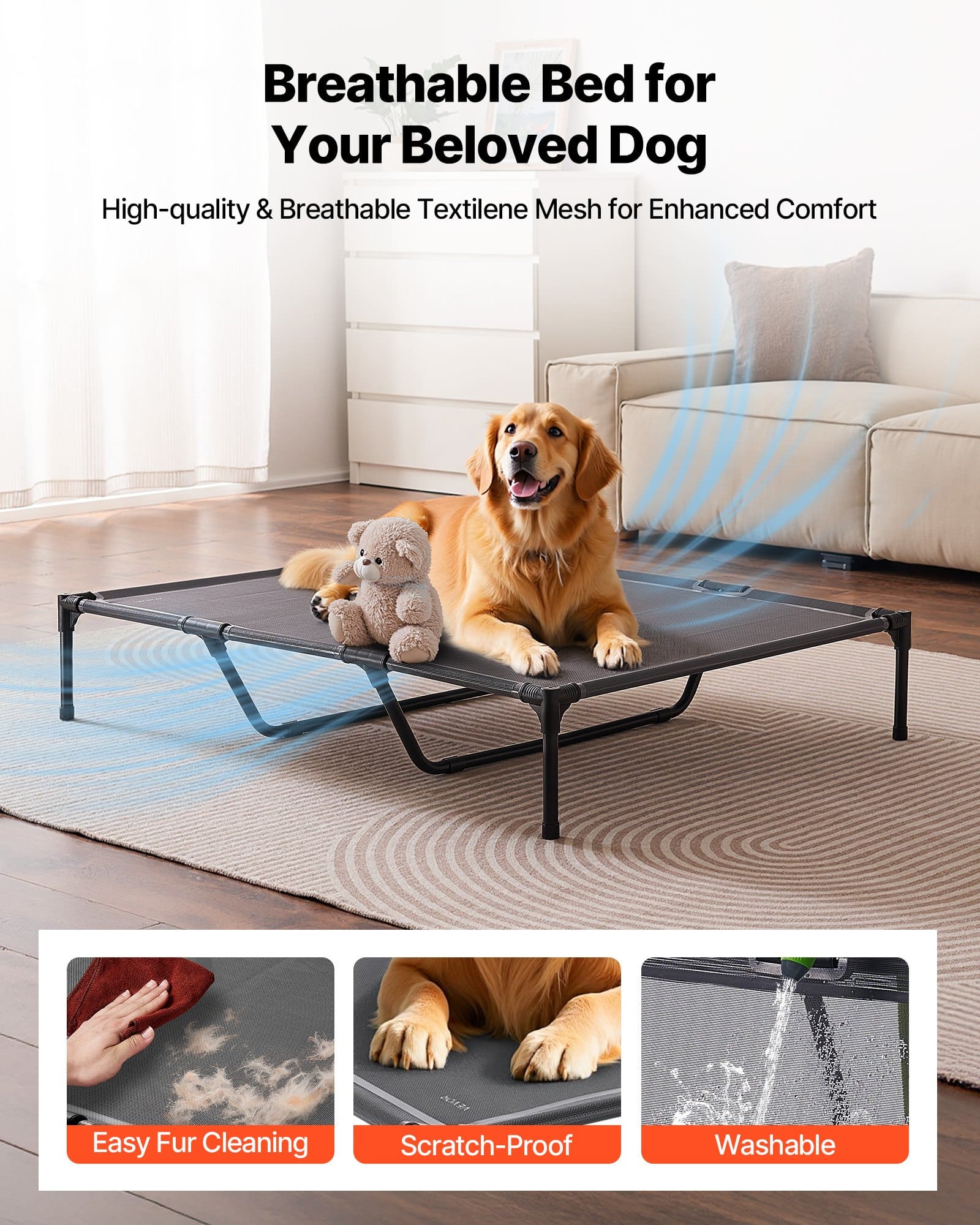 VEVOR XL Elevated Dog Bed for Large Dogs, Portable Steel Frame Cot with Breathable Mesh, Indoor/Outdoor, Grey - Зображення 2
