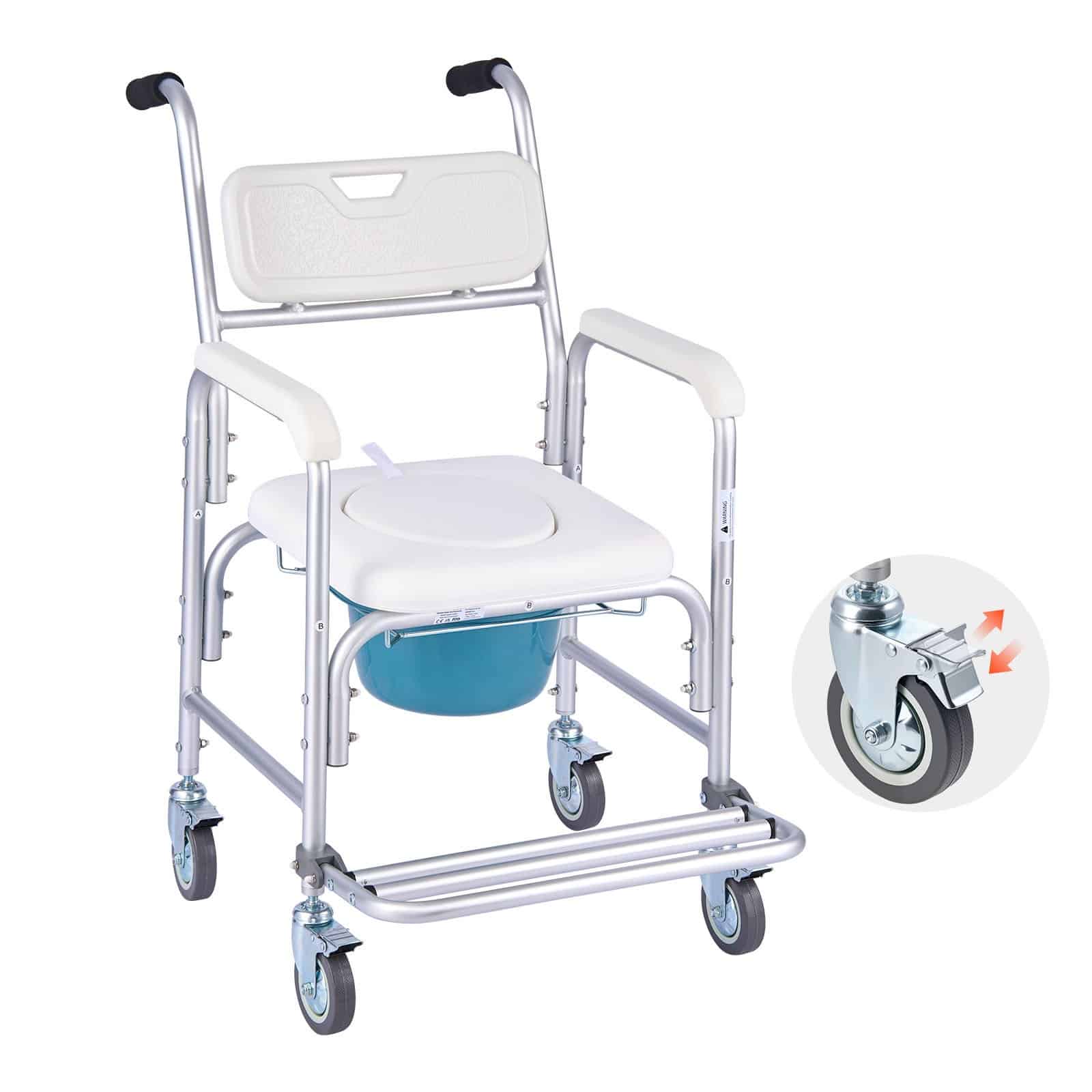 VEVOR 4-in-1 Bedside Commode Chair with Wheels, 159kg Capacity, Padded Seat, 5L Bucket, Shower & Toilet Chair for Seniors
