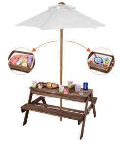 Детский деревянный стол для пикника VEVOR 3-в-1 с зонтиком, игровым столом с песком и водой, 4-местный открытый настольный комплект для сада и заднего двора