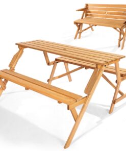 Деревянный стол и скамейка для пикника VEVOR 2-в-1, складная уличная мебель с отверстием для зонтика, коричневый, для сада и патио
