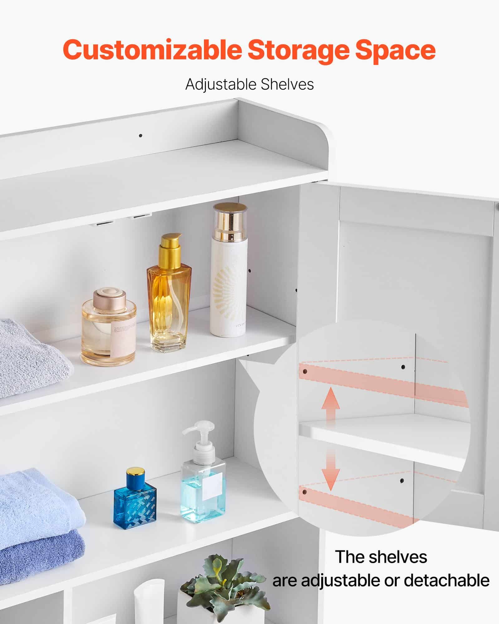 VEVOR Over Toilet Storage Cabinet 168 cm, White Bathroom Organizer with Doors & Adjustable Shelf, Space Saver Unit - Pilt 3