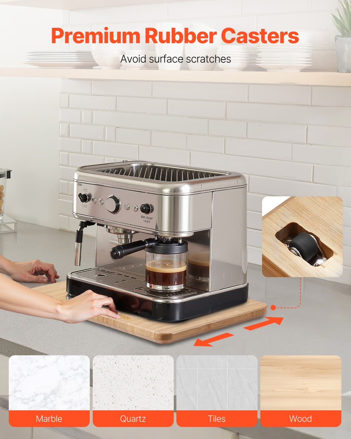 VEVOR Natural Wood Appliance Slider Tray 26.7x33cm, Rolling Tray with Rubber Wheels & Handle for Coffee Maker, Kitchen — attēls 5
