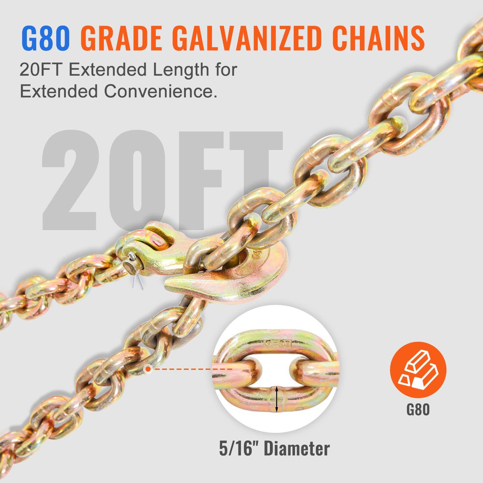 VEVOR Ratchet Chain Binder with G80 Chains, 2-Pack, 7100 lbs Load Limit, 40 cm Handle, Anti-Skid Grip, for 8-10 mm Chains - Image 3