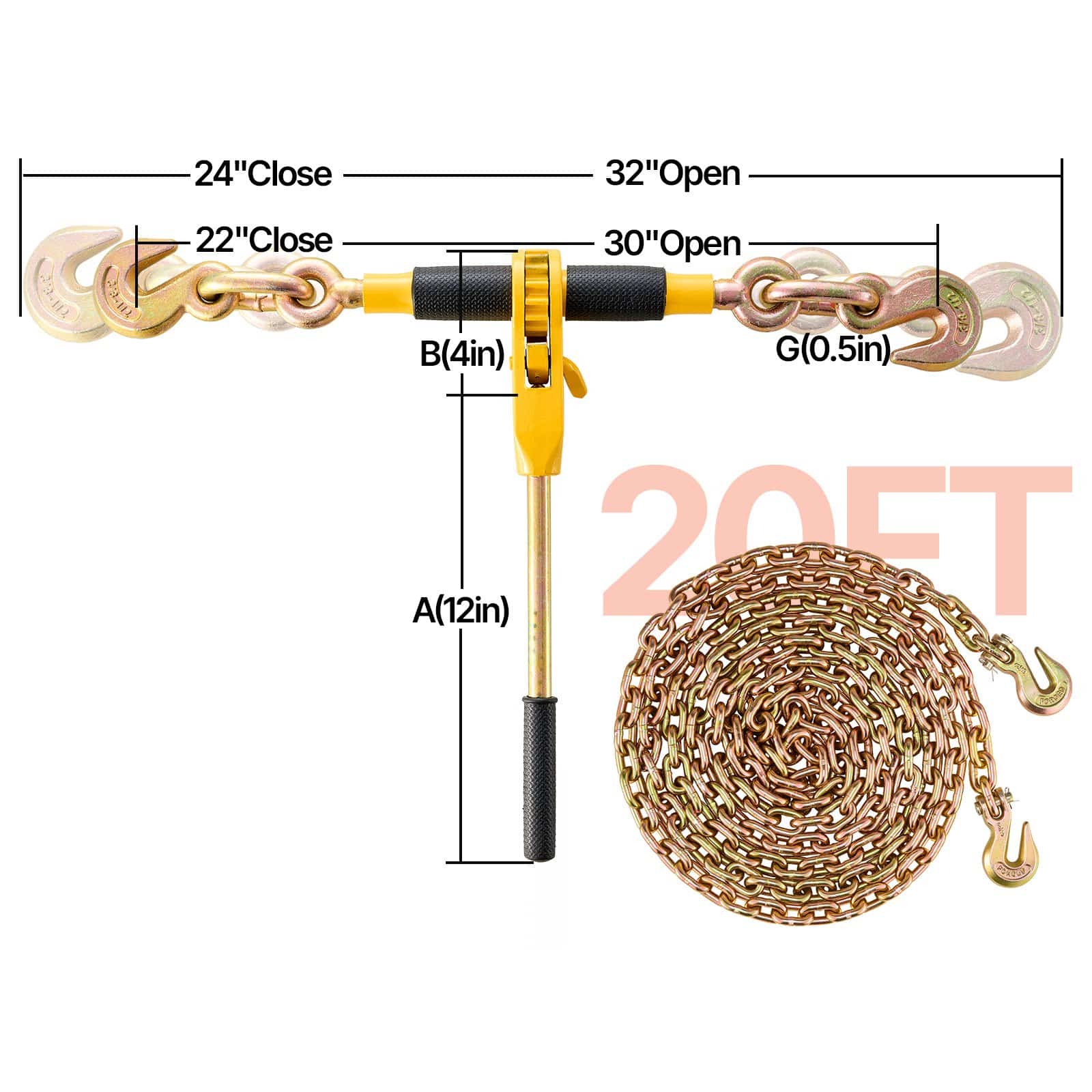 VEVOR Ratchet Chain Binder with G80 Chains, 2-Pack, 7100 lbs Load Limit, 40 cm Handle, Anti-Skid Grip, for 8-10 mm Chains - Image 7