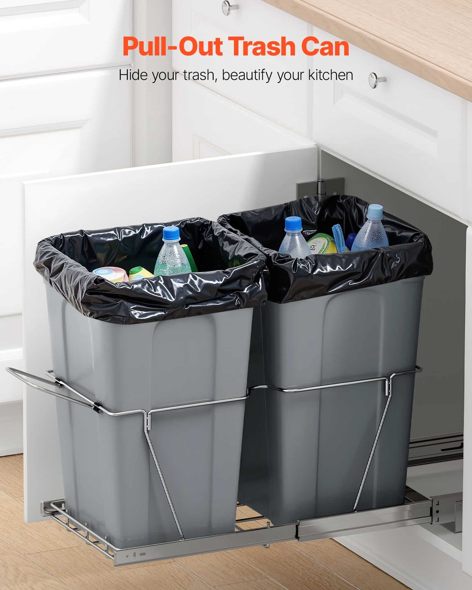 VEVOR Dual Pull-Out Trash Bin 2x25.6L for Kitchen Cabinet, Under Sink Waste Sorter with Heavy-Duty Slide & Handle - Image 2