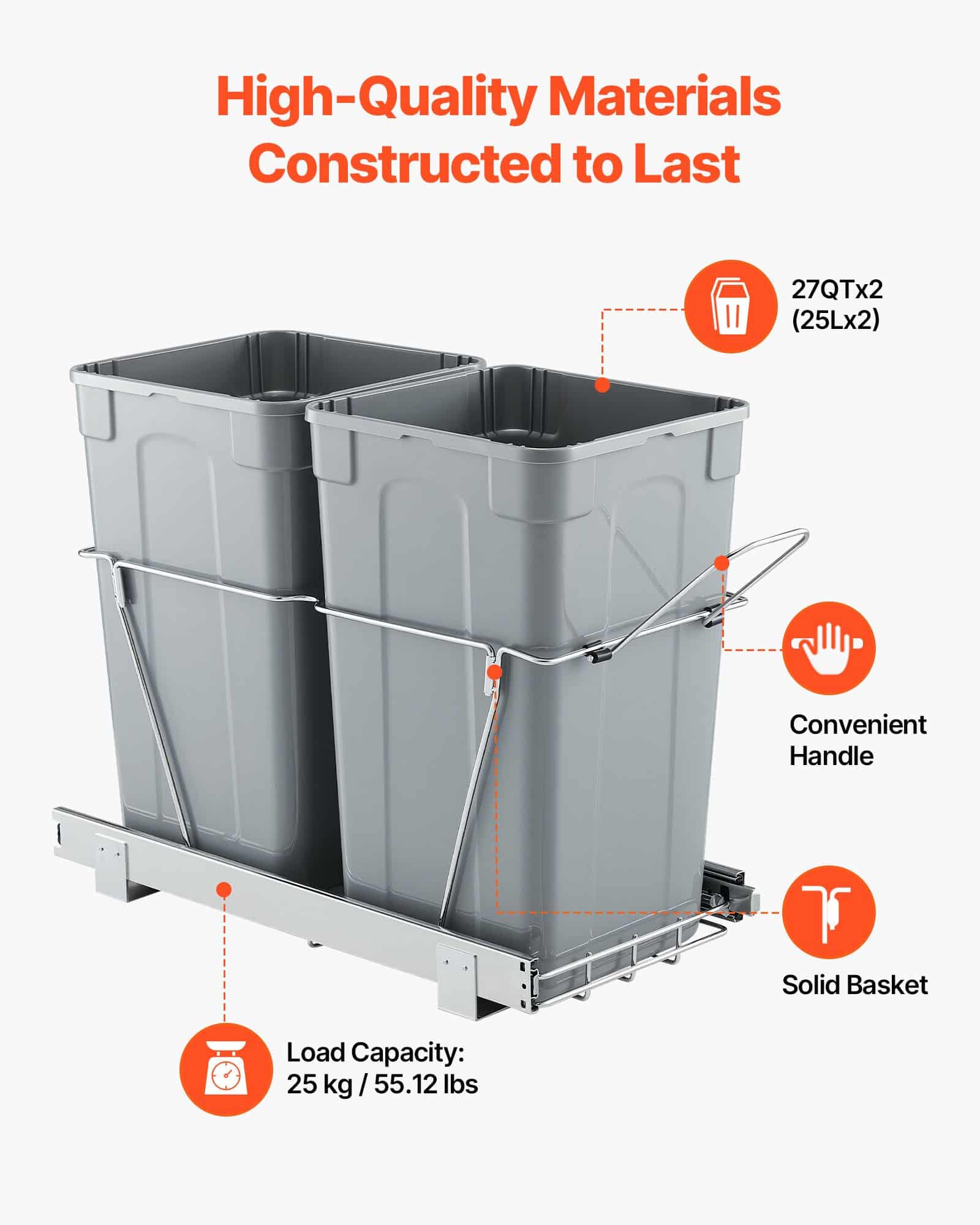 VEVOR Dual Pull-Out Trash Bin 2x25.6L for Kitchen Cabinet, Under Sink Waste Sorter with Heavy-Duty Slide & Handle - Image 3