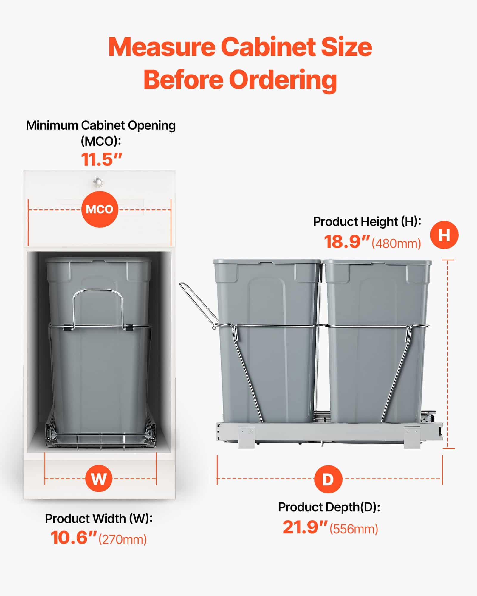 VEVOR Dual Pull-Out Trash Bin 2x25.6L for Kitchen Cabinet, Under Sink Waste Sorter with Heavy-Duty Slide & Handle - Image 4