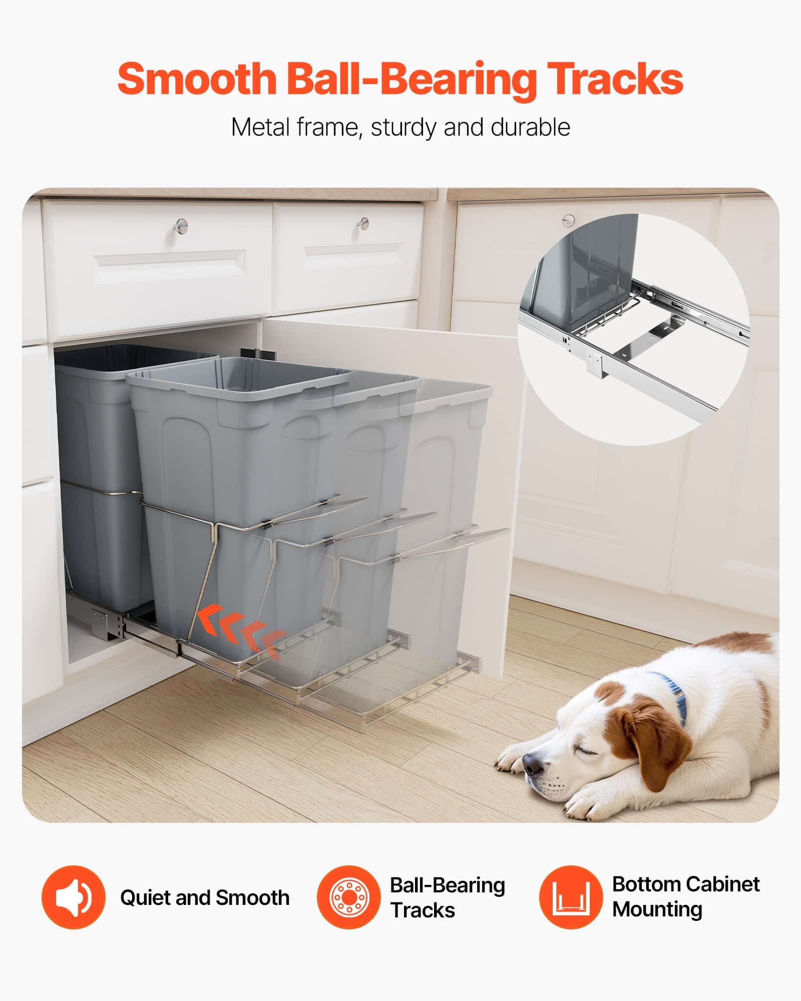VEVOR Dual Pull-Out Trash Bin 2x25.6L for Kitchen Cabinet, Under Sink Waste Sorter with Heavy-Duty Slide & Handle - Image 6