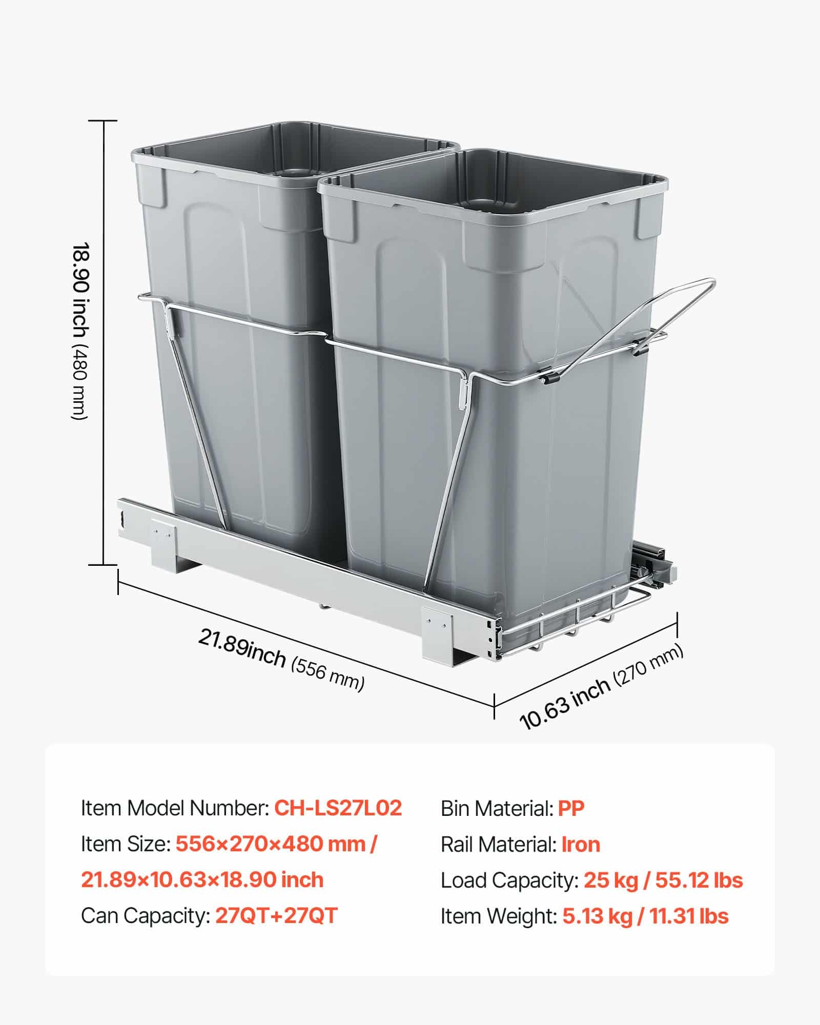 VEVOR Dual Pull-Out Trash Bin 2x25.6L for Kitchen Cabinet, Under Sink Waste Sorter with Heavy-Duty Slide & Handle - Image 7