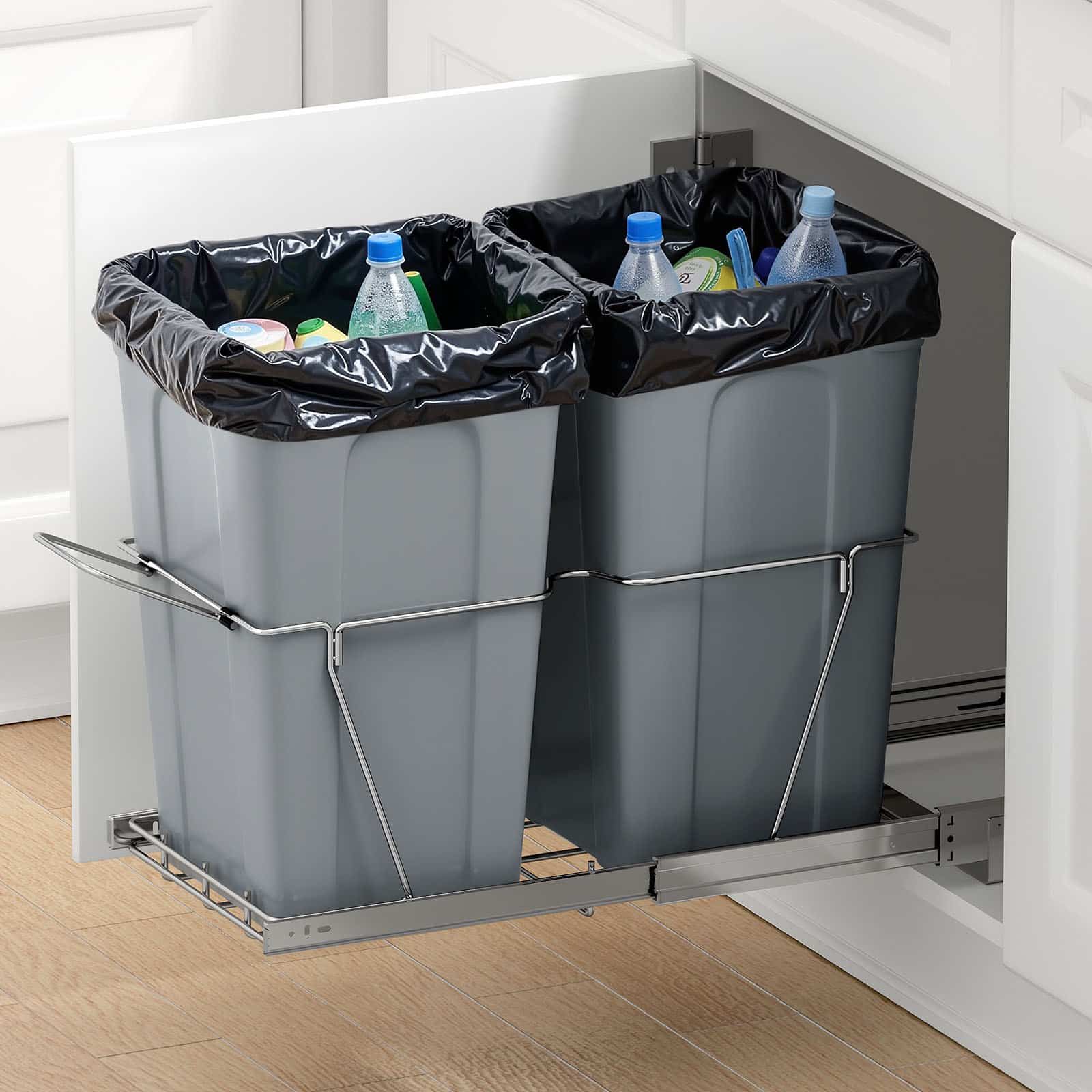 VEVOR Dual Pull-Out Trash Bin 2x25.6L for Kitchen Cabinet, Under Sink Waste Sorter with Heavy-Duty Slide & Handle - Image 8