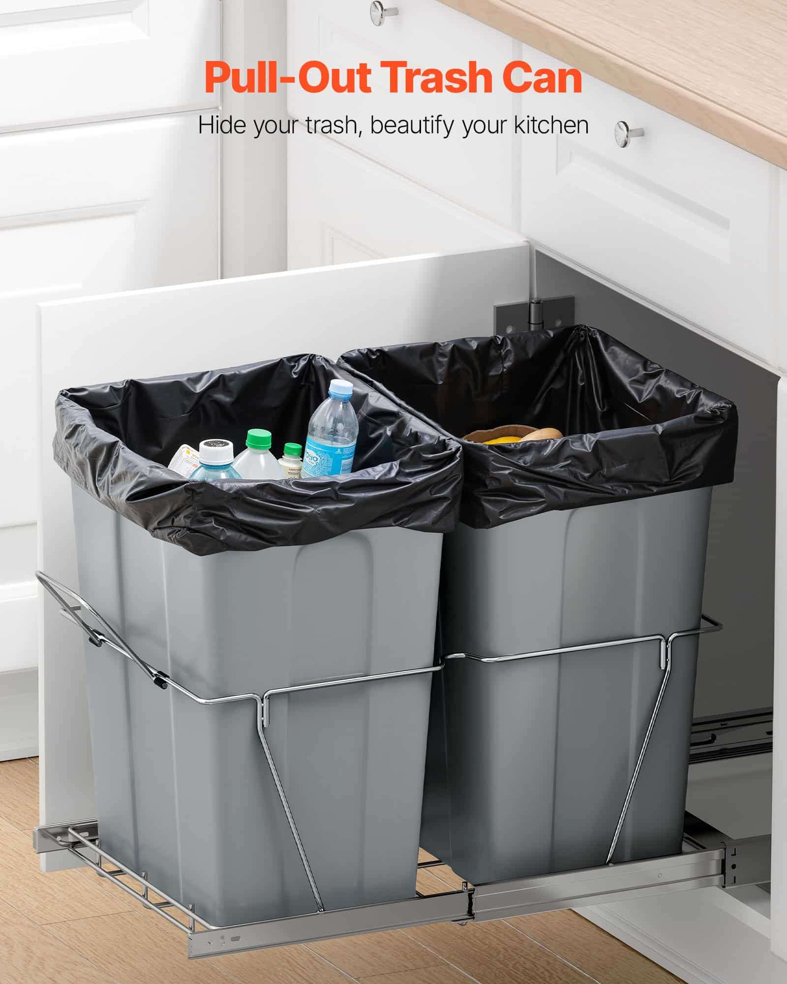 VEVOR Double Pull-Out Trash Bin for Kitchen Cabinets, 2x33L Recycling Waste Bins, Under-Mount with Handle & Smooth Sliding System - Image 2