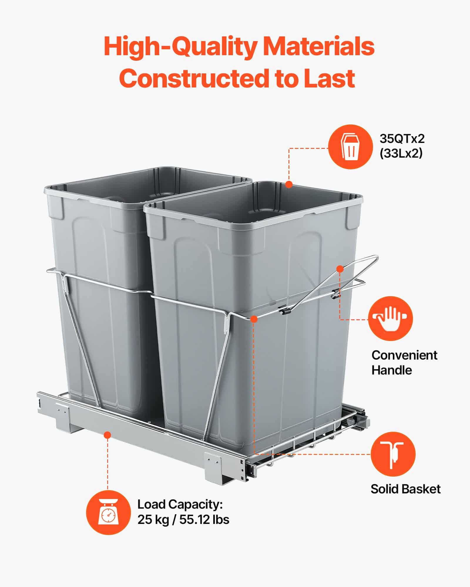 VEVOR Double Pull-Out Trash Bin for Kitchen Cabinets, 2x33L Recycling Waste Bins, Under-Mount with Handle & Smooth Sliding System - Image 3