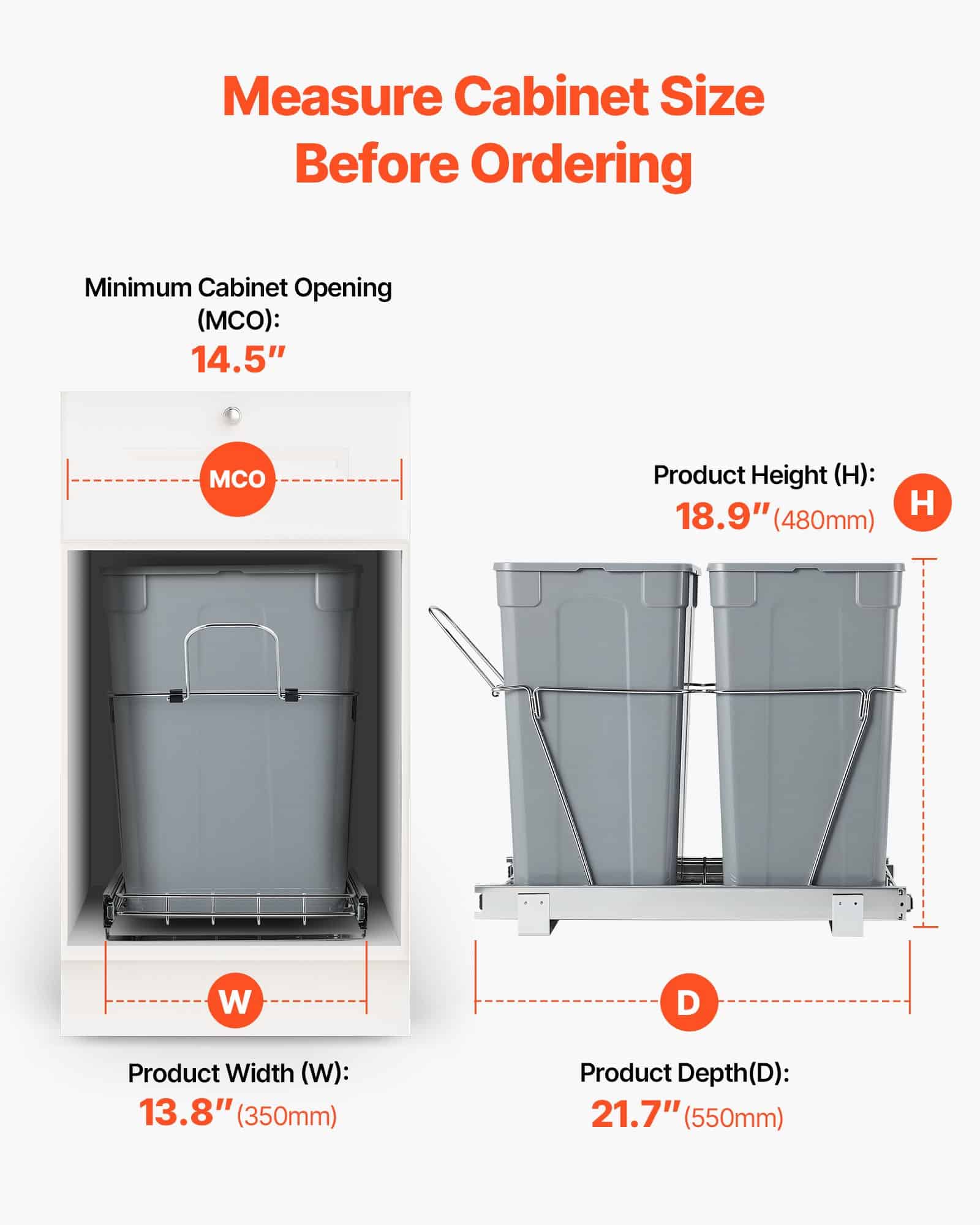 VEVOR Double Pull-Out Trash Bin for Kitchen Cabinets, 2x33L Recycling Waste Bins, Under-Mount with Handle & Smooth Sliding System - Image 4