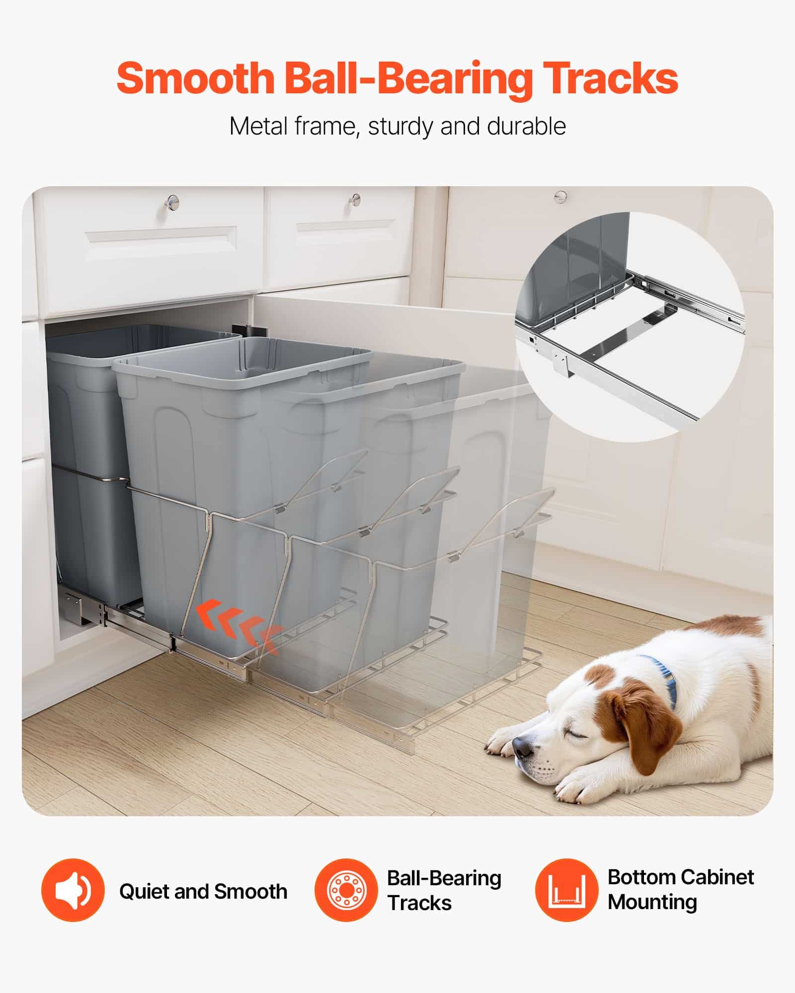 VEVOR Double Pull-Out Trash Bin for Kitchen Cabinets, 2x33L Recycling Waste Bins, Under-Mount with Handle & Smooth Sliding System - Image 6