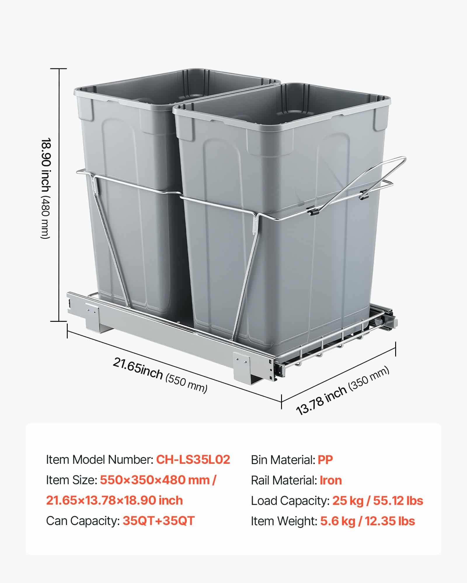 VEVOR Double Pull-Out Trash Bin for Kitchen Cabinets, 2x33L Recycling Waste Bins, Under-Mount with Handle & Smooth Sliding System - Image 7