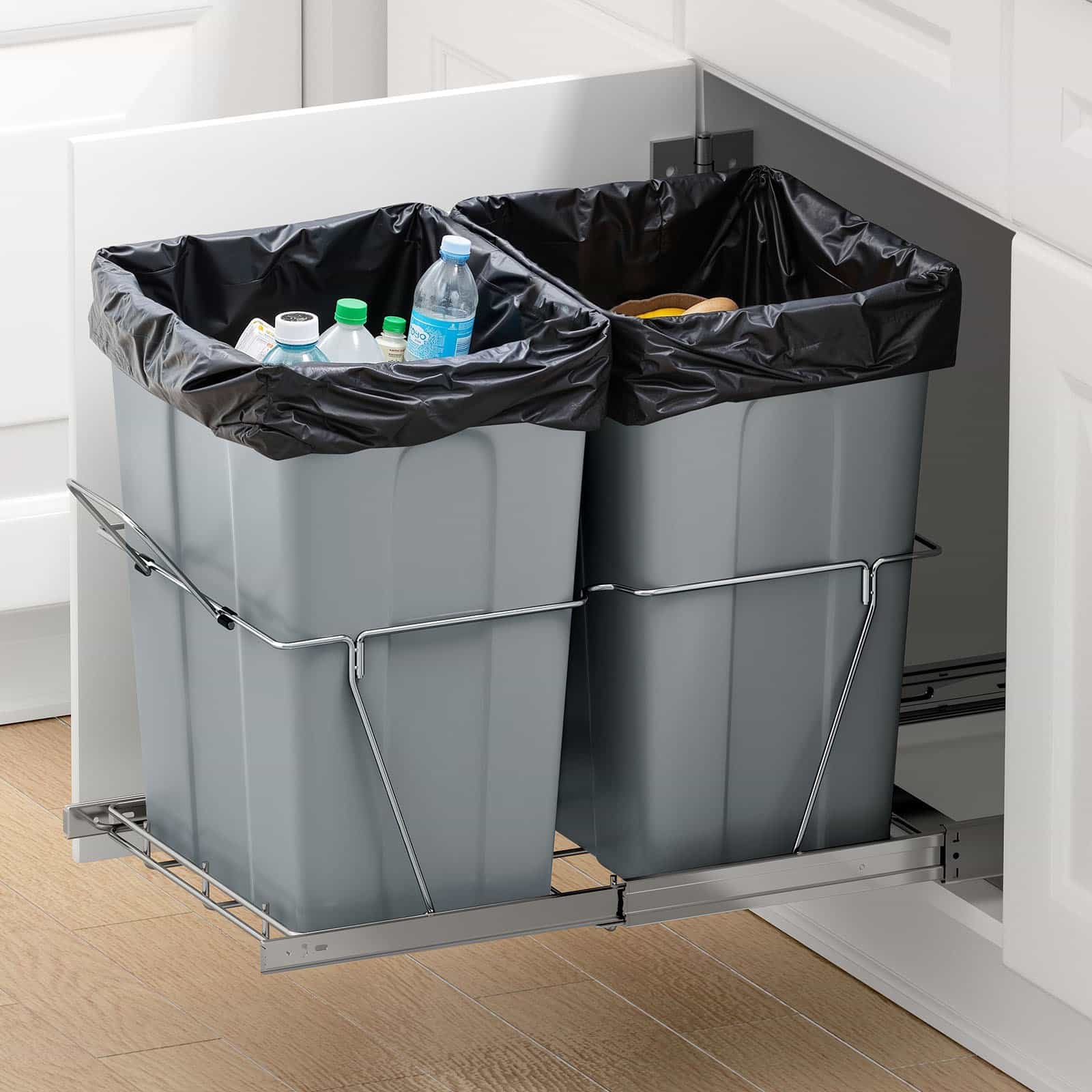 VEVOR Double Pull-Out Trash Bin for Kitchen Cabinets, 2x33L Recycling Waste Bins, Under-Mount with Handle & Smooth Sliding System - Image 8
