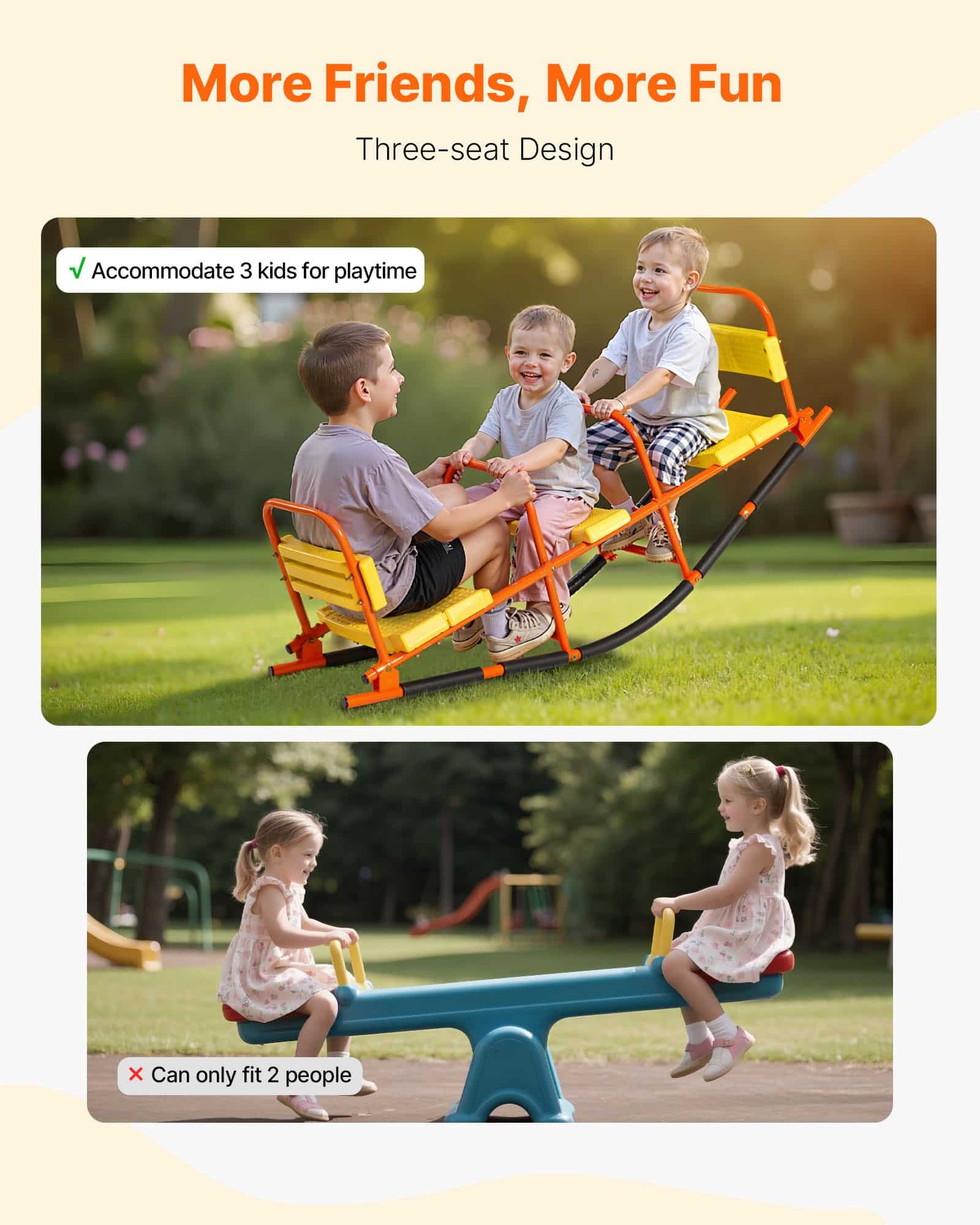 VEVOR 3-Seater Kids Seesaw with Rocking Mode, 90 kg Load/Seat, Steel Frame, for Ages 3+, Outdoor Playground Equipment — изображение 6