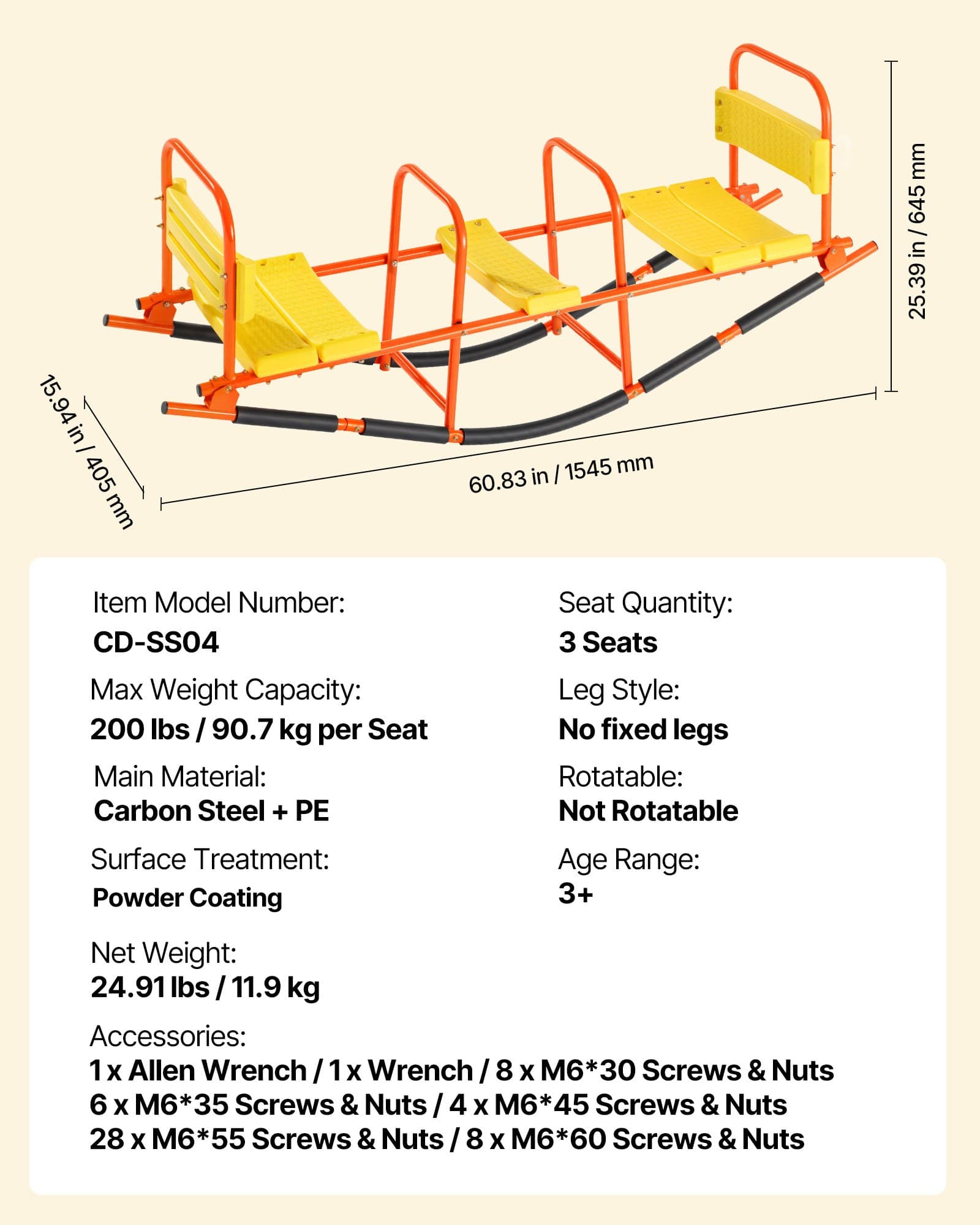 VEVOR 3-Seater Kids Seesaw with Rocking Mode, 90 kg Load/Seat, Steel Frame, for Ages 3+, Outdoor Playground Equipment — изображение 7