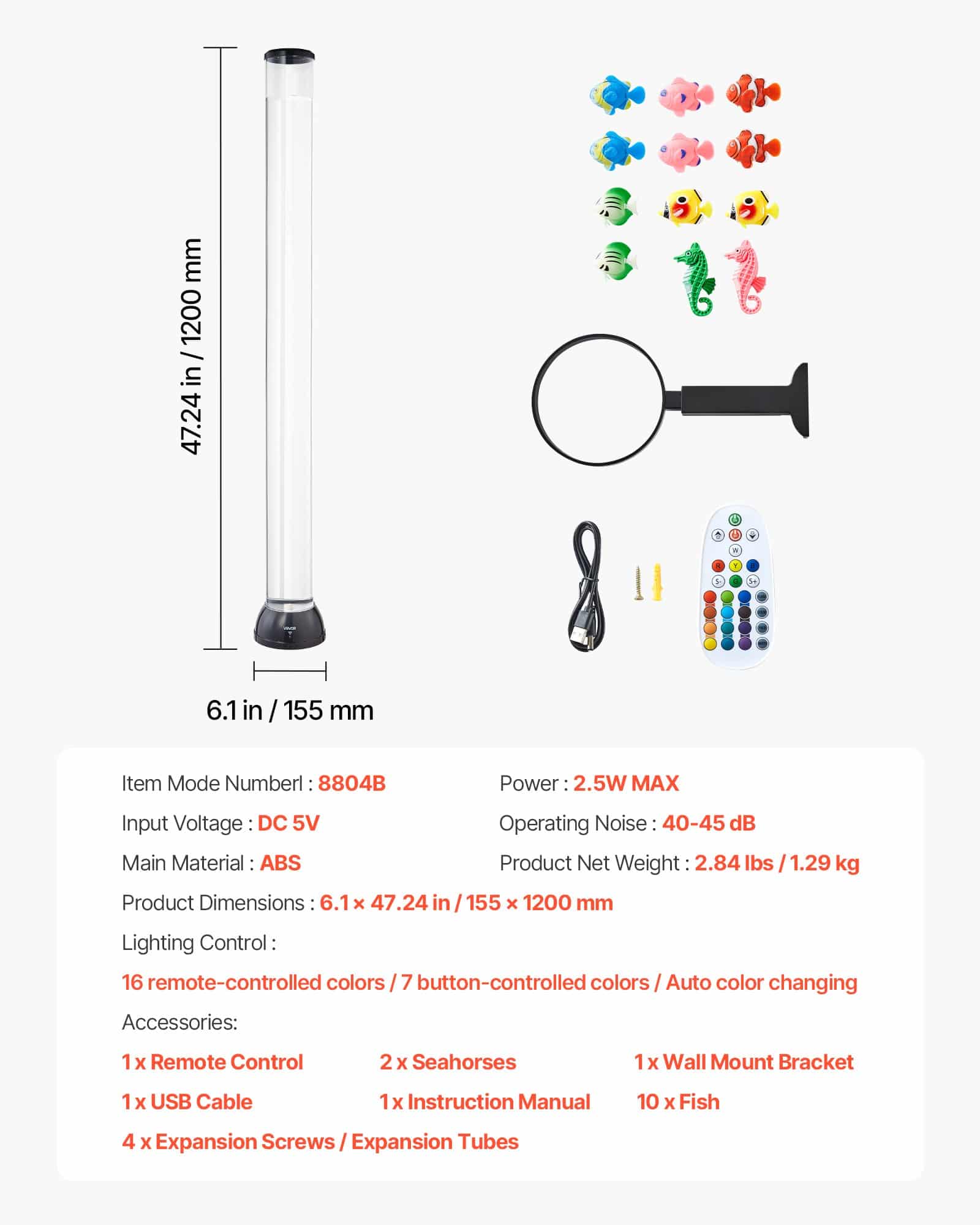 VEVOR 120 cm Sensory Bubble Tube Lamp with 16 Colors & Jellyfish – Calming LED Aquarium Light for Autism, ADHD, Anxiety — Attēls 7