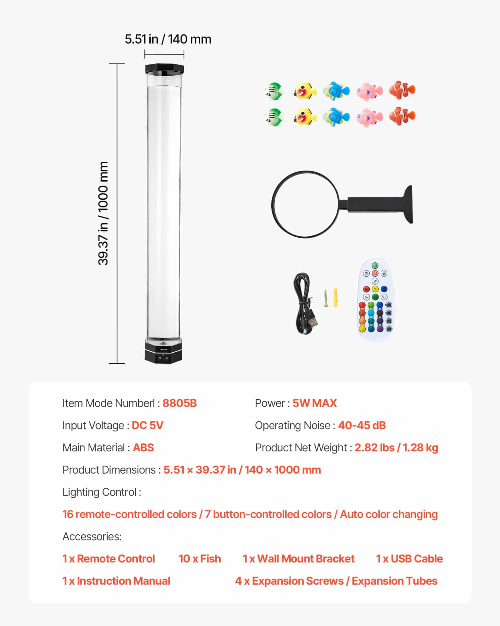 VEVOR 1m Sensory Bubble Tube Lamp with 16 Colors, Calming Aquarium Light for Relaxation, Autism, ADHD, Anxiety Relief — Attēls 7