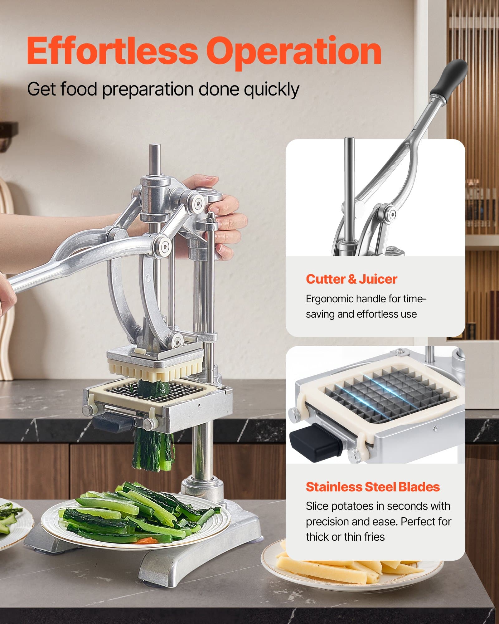 VEVOR Manual French Fry Cutter with 4 Blades – Stainless Steel Vegetable Slicer & Dicer 12.7mm, 9.5mm, 6.4mm + Juicing Blade - Зображення 4