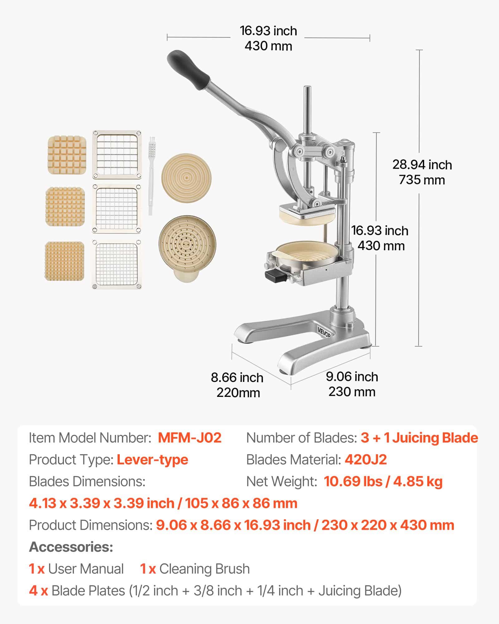 VEVOR Manual French Fry Cutter with 4 Blades – Stainless Steel Vegetable Slicer & Dicer 12.7mm, 9.5mm, 6.4mm + Juicing Blade - Зображення 7