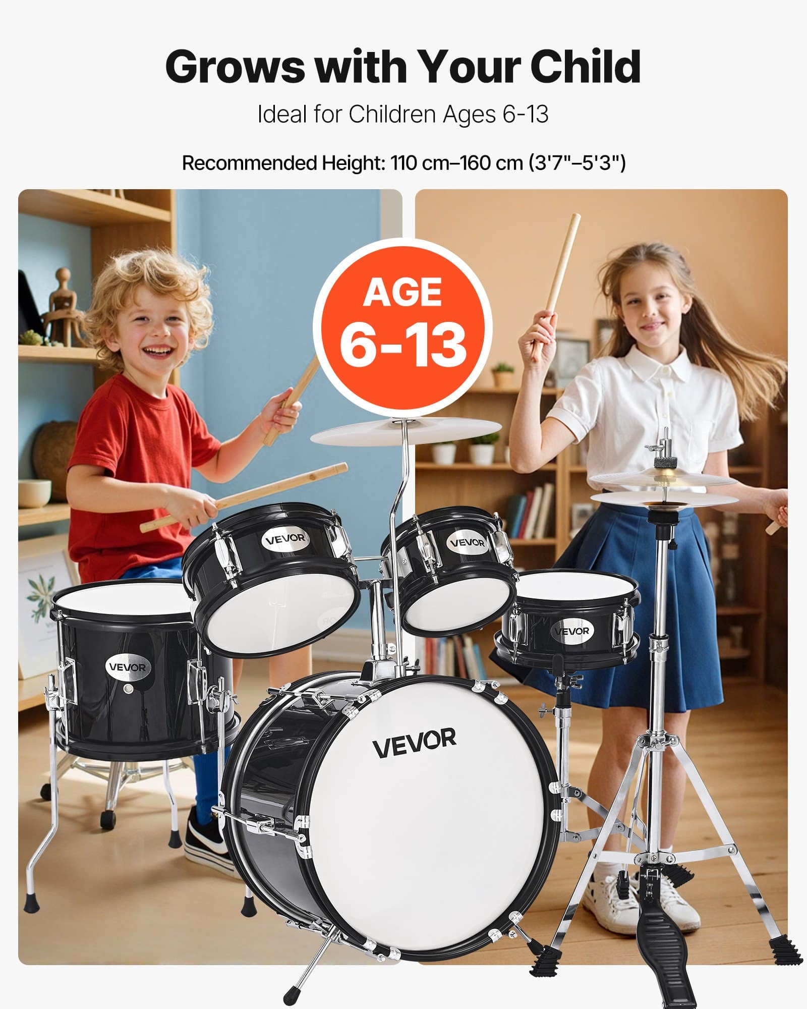 VEVOR 5-Piece Kids Drum Set with Adjustable Throne & Drumsticks, 35.56 cm Bass Drum, for Ages 6–13, Black - Image 2