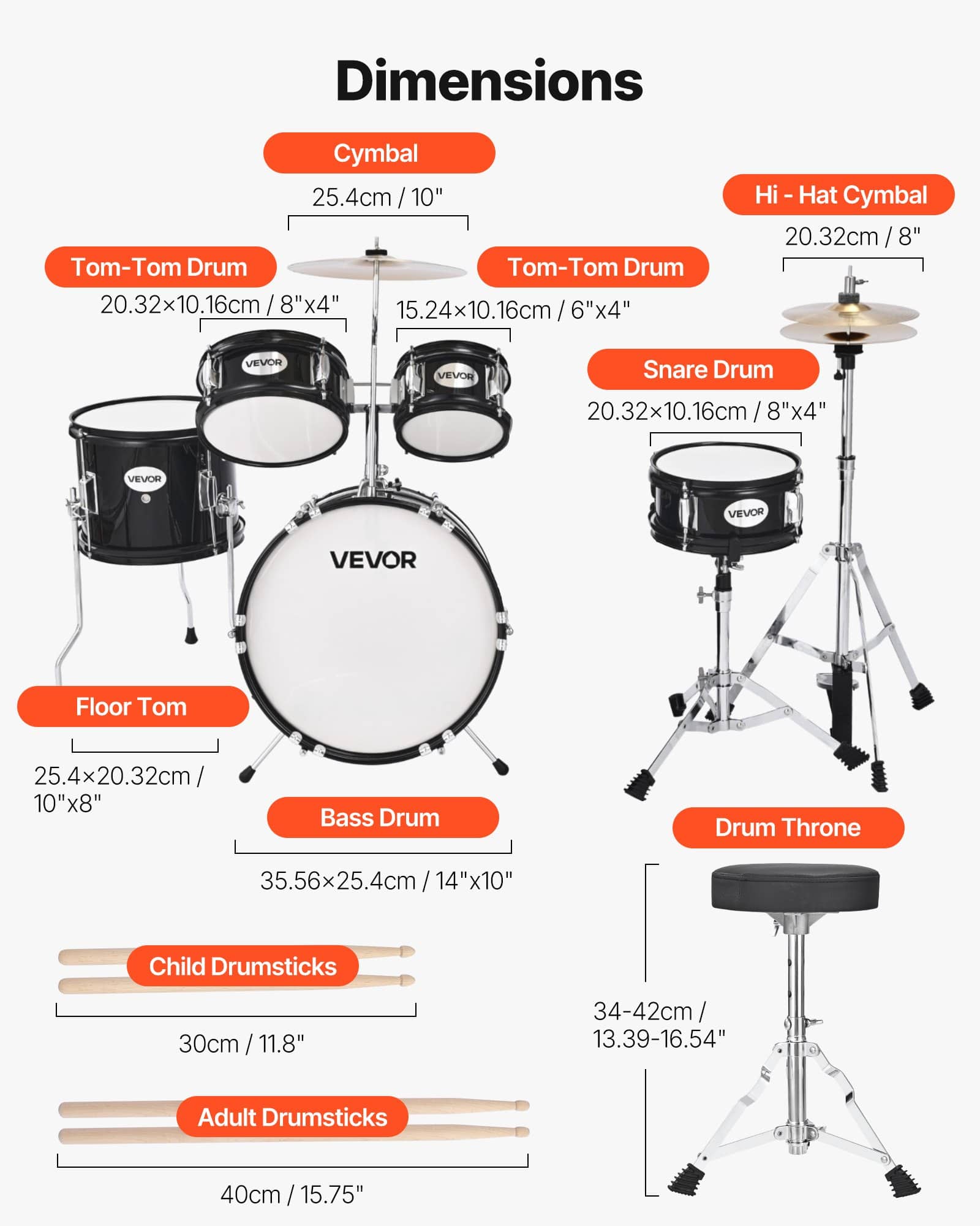 VEVOR 5-Piece Kids Drum Set with Adjustable Throne & Drumsticks, 35.56 cm Bass Drum, for Ages 6–13, Black - Image 3