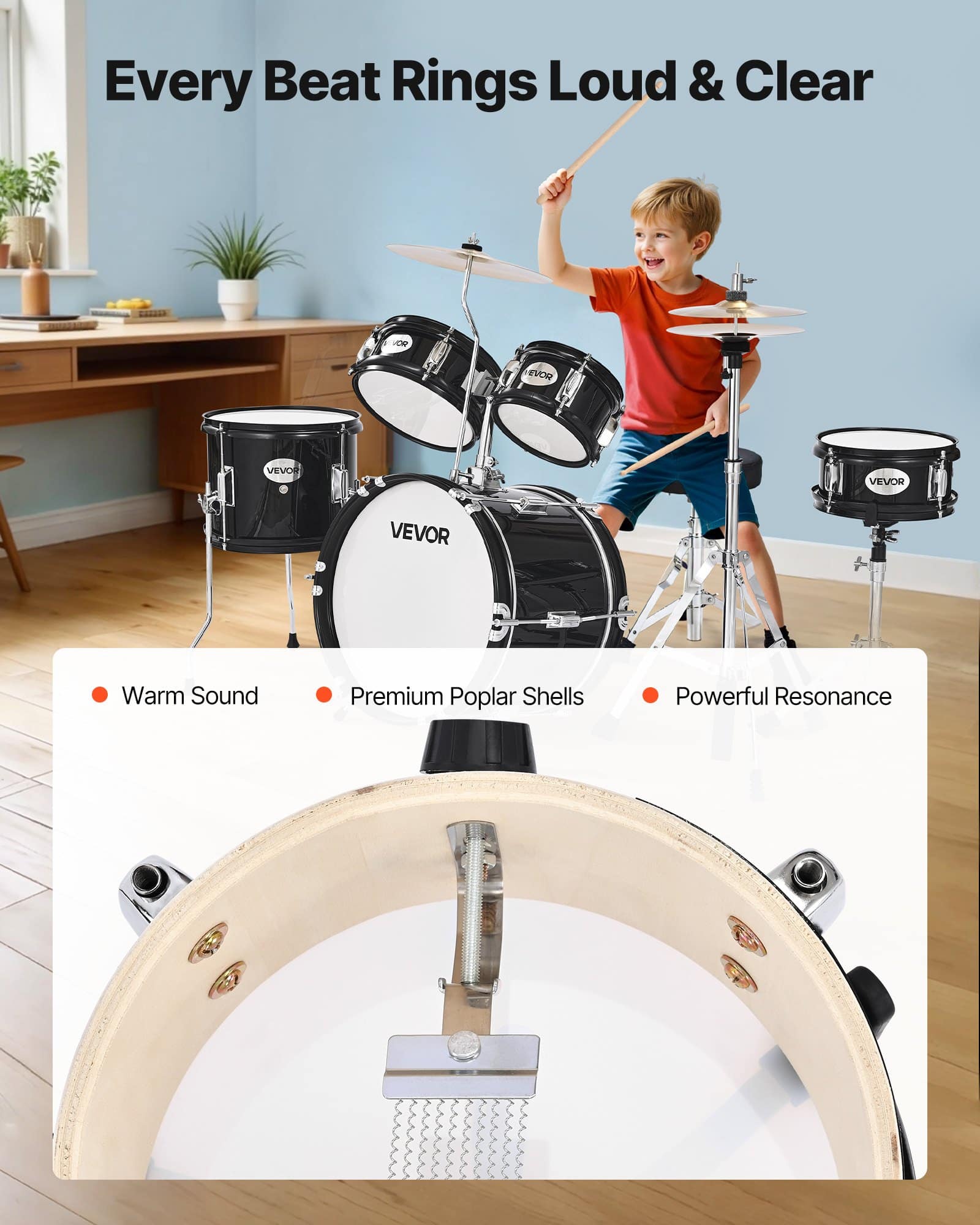 VEVOR 5-Piece Kids Drum Set with Adjustable Throne & Drumsticks, 35.56 cm Bass Drum, for Ages 6–13, Black - Image 4