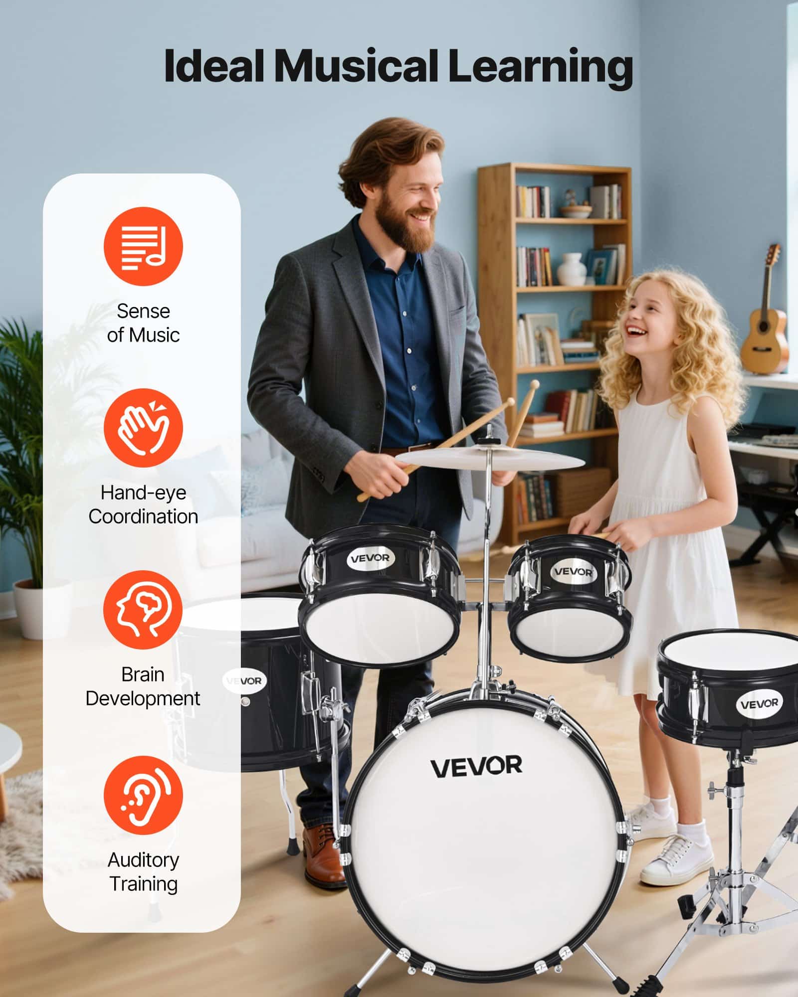 VEVOR 5-Piece Kids Drum Set with Adjustable Throne & Drumsticks, 35.56 cm Bass Drum, for Ages 6–13, Black - Image 5