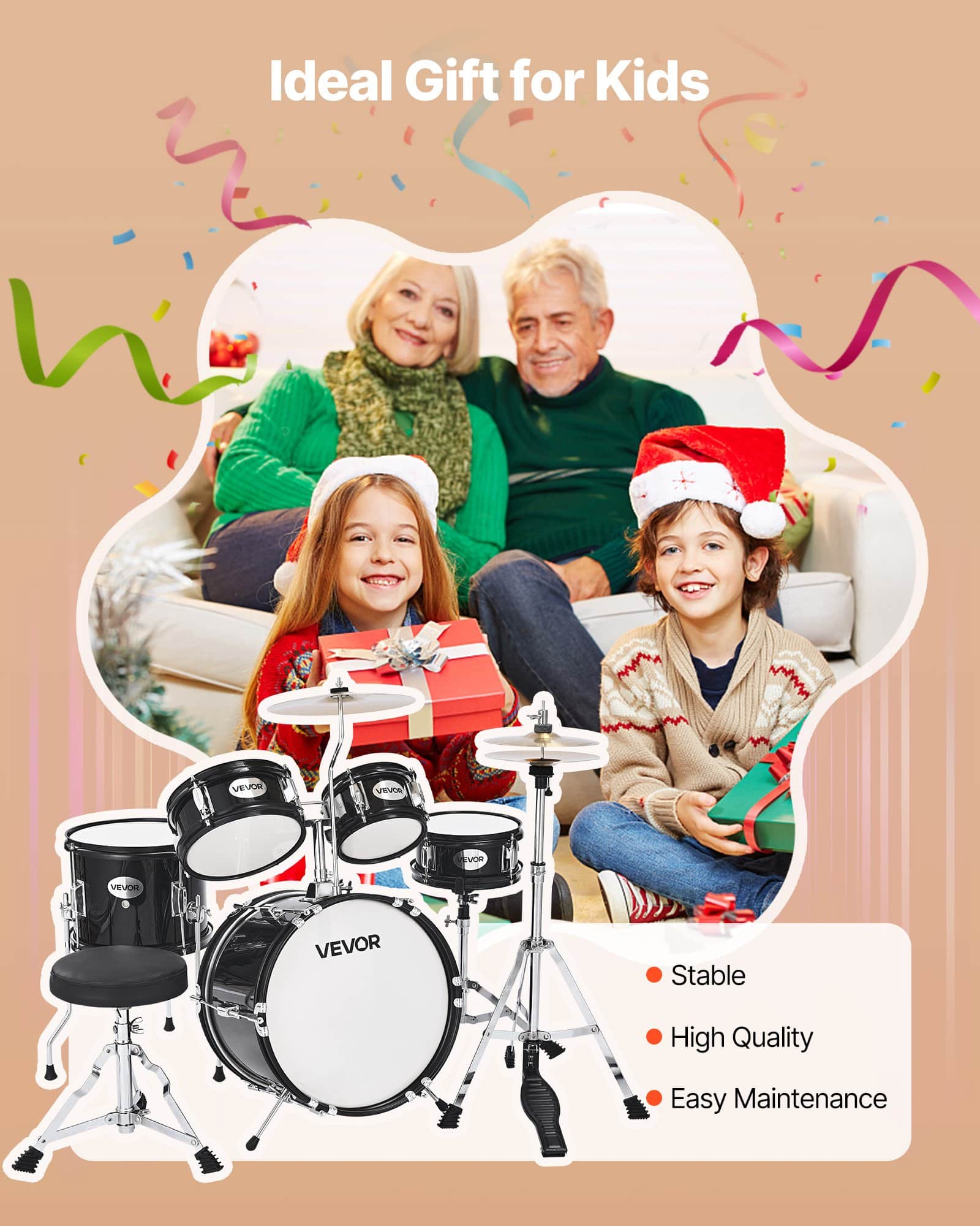 VEVOR 5-Piece Kids Drum Set with Adjustable Throne & Drumsticks, 35.56 cm Bass Drum, for Ages 6–13, Black - Image 7