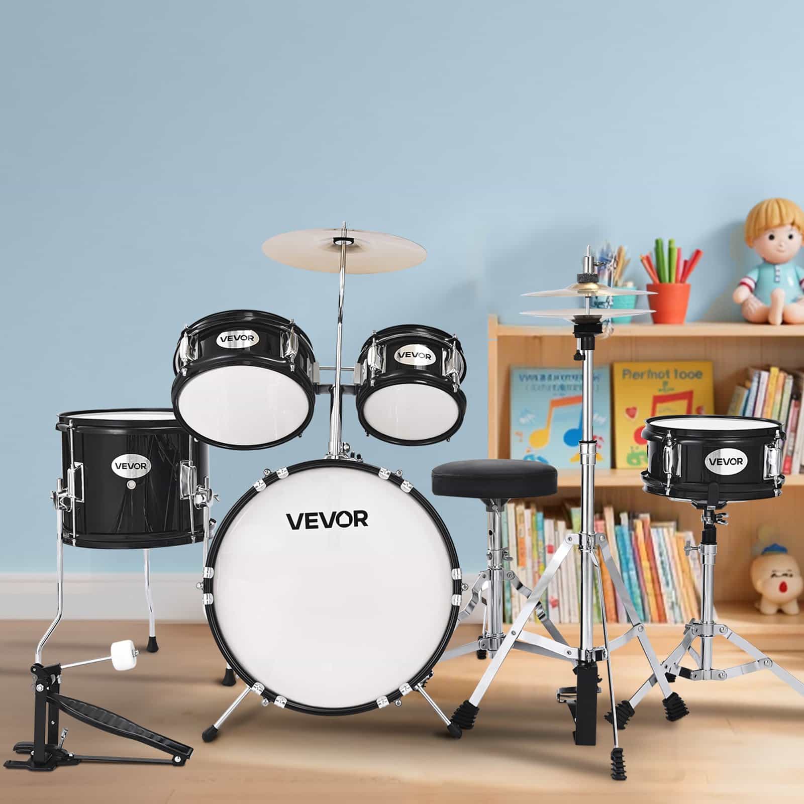 VEVOR 5-Piece Kids Drum Set with Adjustable Throne & Drumsticks, 35.56 cm Bass Drum, for Ages 6–13, Black - Image 8