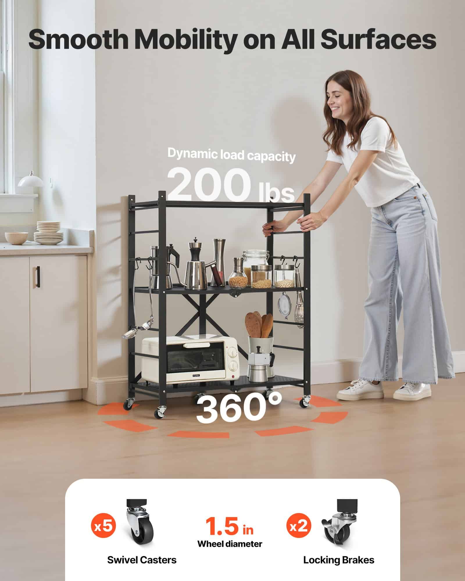 VEVOR Foldable 3-Tier Metal Storage Shelf, 71x33x91 cm, Rolling Rack with Wheels & Hooks for Kitchen, Garage, Black — изображение 3