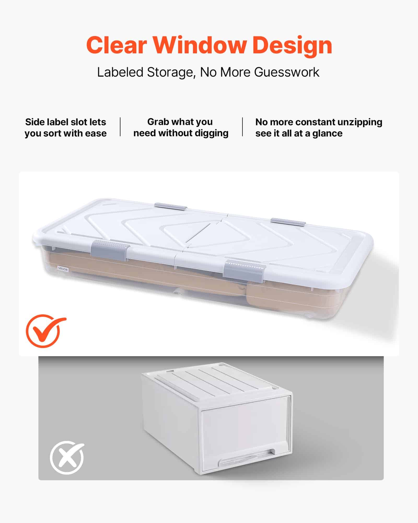 VEVOR Underbed Storage with Wheels 1010x510x150 mm, 2-Pack Rolling Storage Bins with Lid & Latch for Clothes, Shoes, Blankets — изображение 4