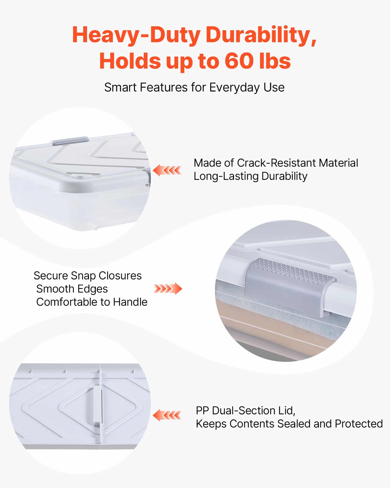 VEVOR Underbed Storage with Wheels 1010x510x150 mm, 2-Pack Rolling Storage Bins with Lid & Latch for Clothes, Shoes, Blankets — изображение 5